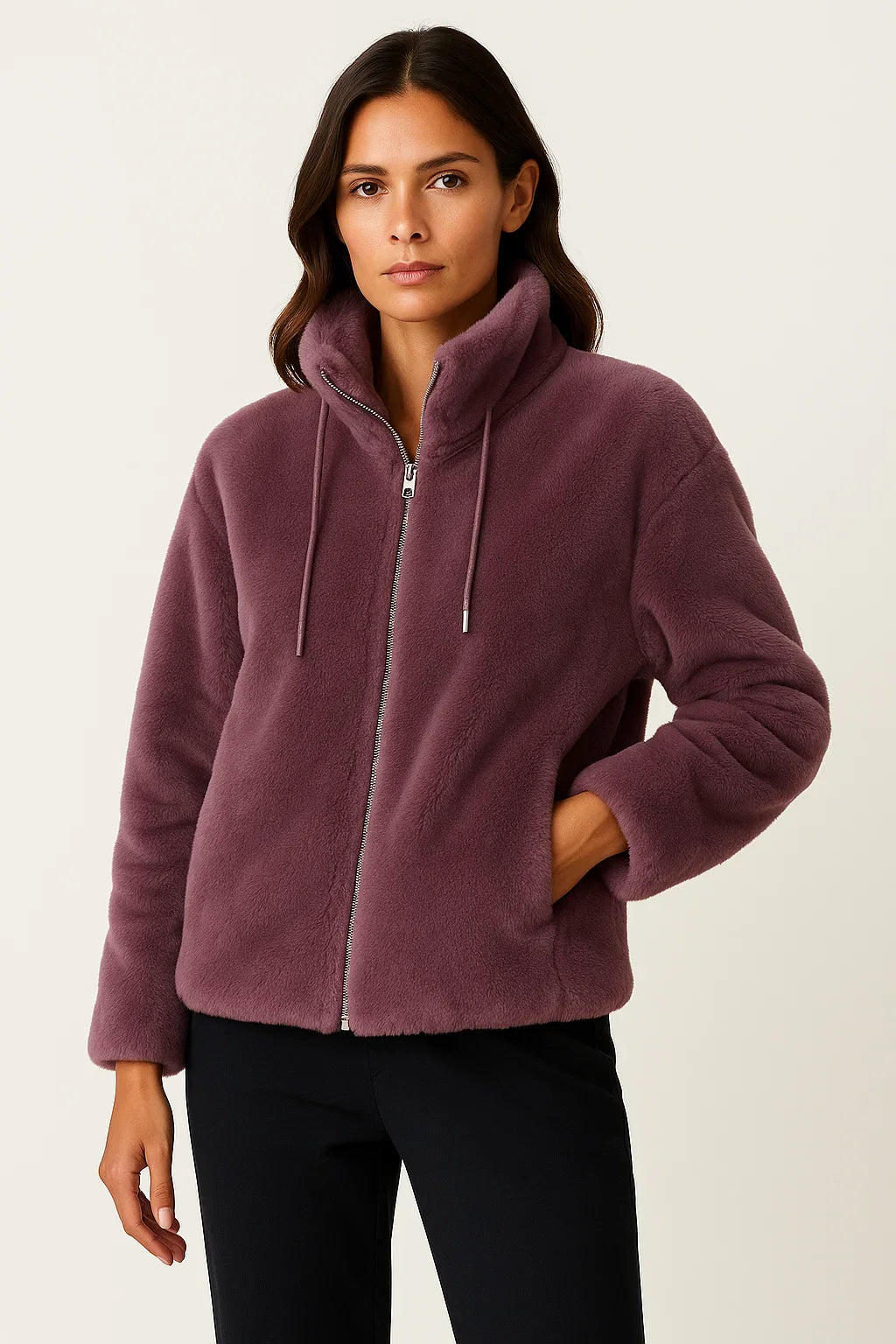 Winterjacke Damen Khaki Weiches Teddy-Material Lässige Lange Ärmel Mit Reißverschluss