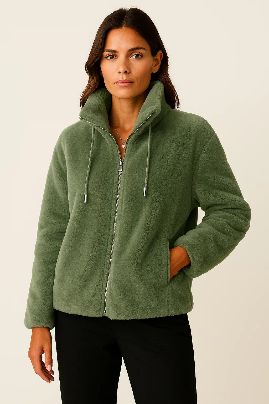 Winterjacke Damen Khaki Weiches Teddy-Material Lässige Lange Ärmel Mit Reißverschluss