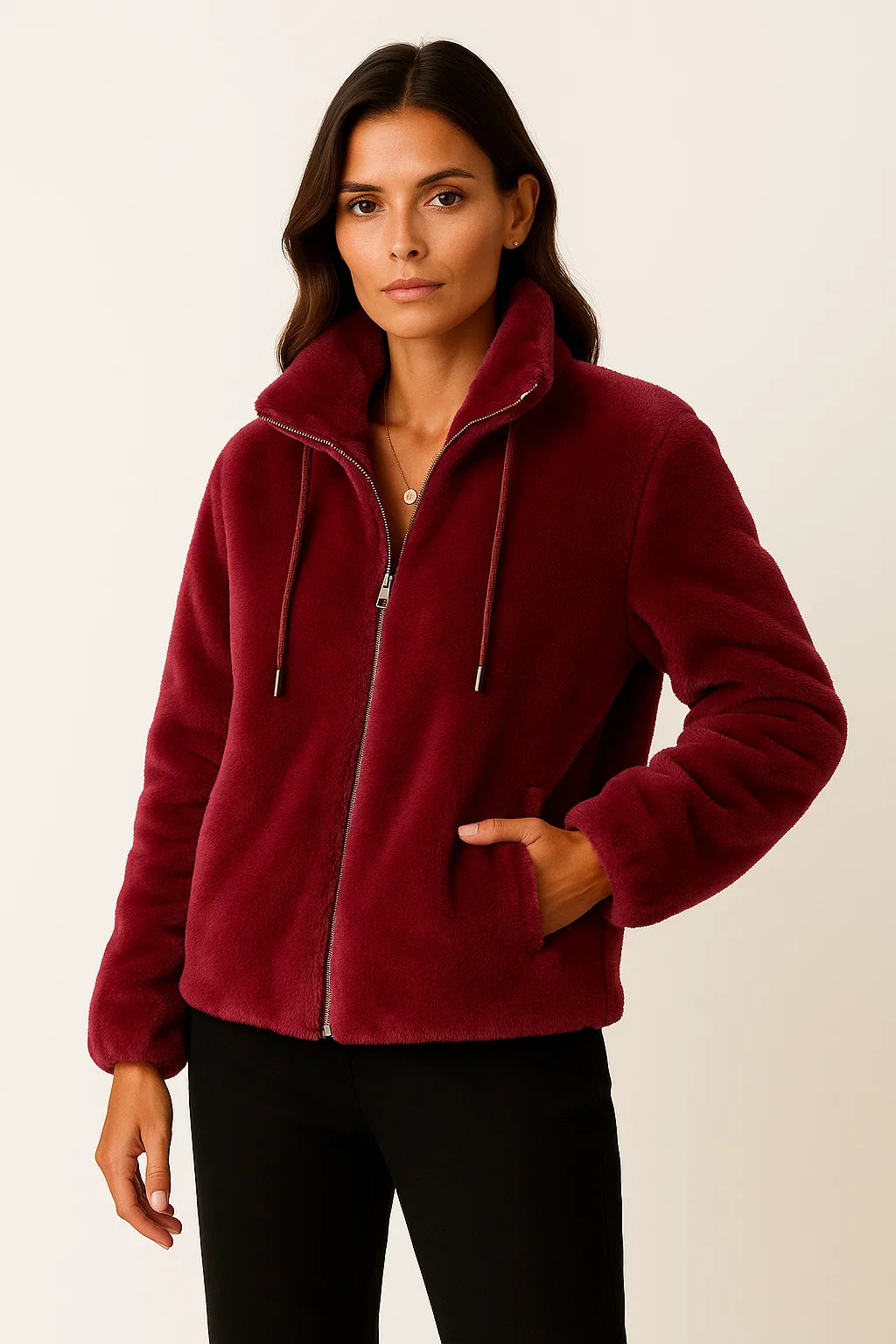 Winterjacke Damen Khaki Weiches Teddy-Material Lässige Lange Ärmel Mit Reißverschluss