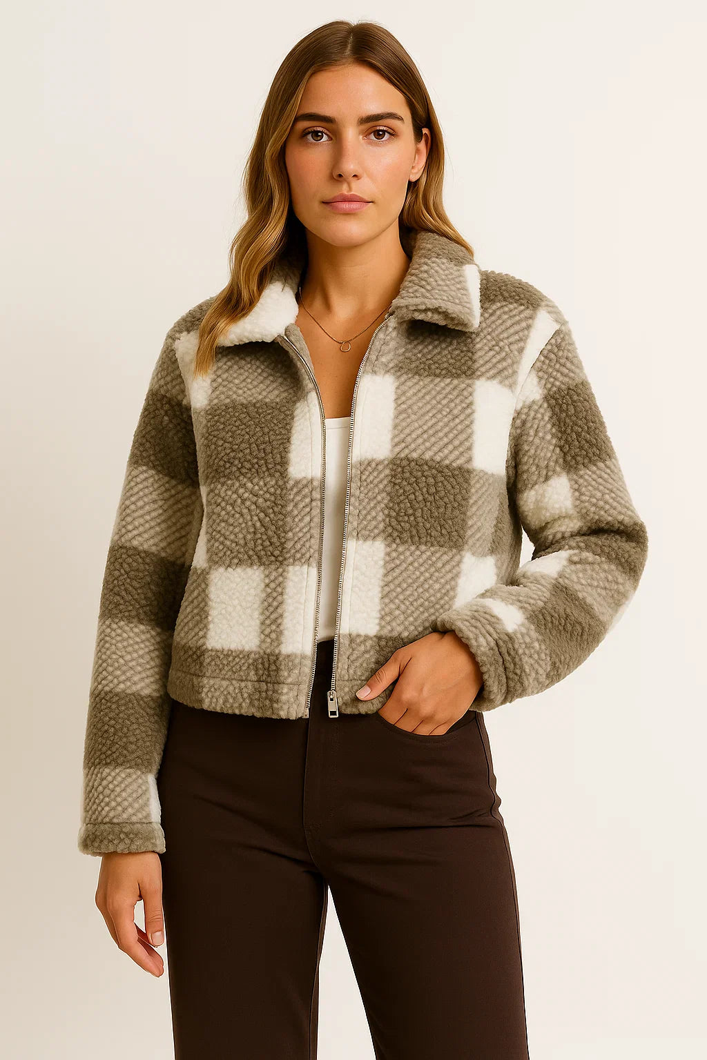 Damen Teddyjacke Karomuster Beige Weiches Material Bequem Reißverschluss Langarm Design