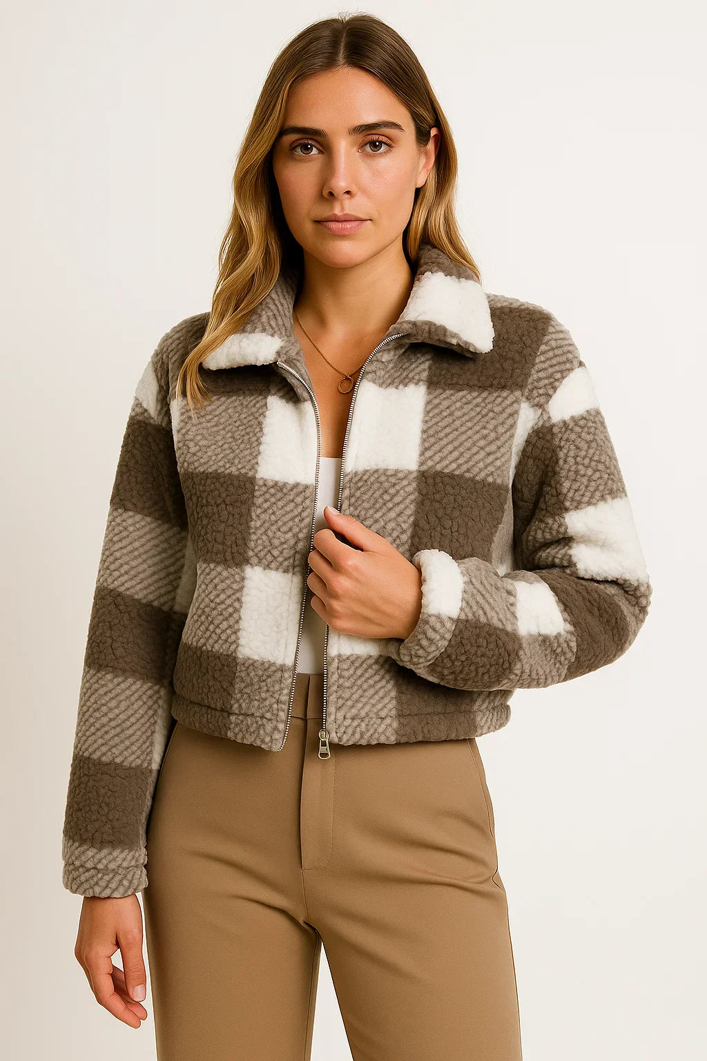 Damen Teddyjacke Karomuster Beige Weiches Material Bequem Reißverschluss Langarm Design