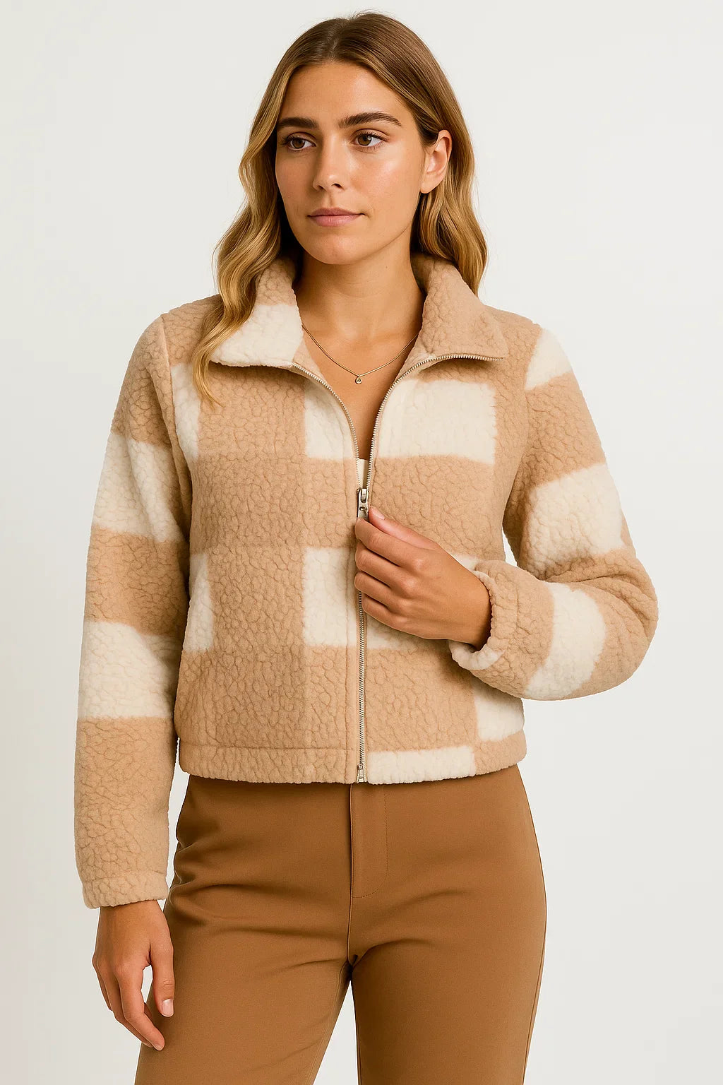 Damen Teddyjacke Karomuster Beige Weiches Material Bequem Reißverschluss Langarm Design