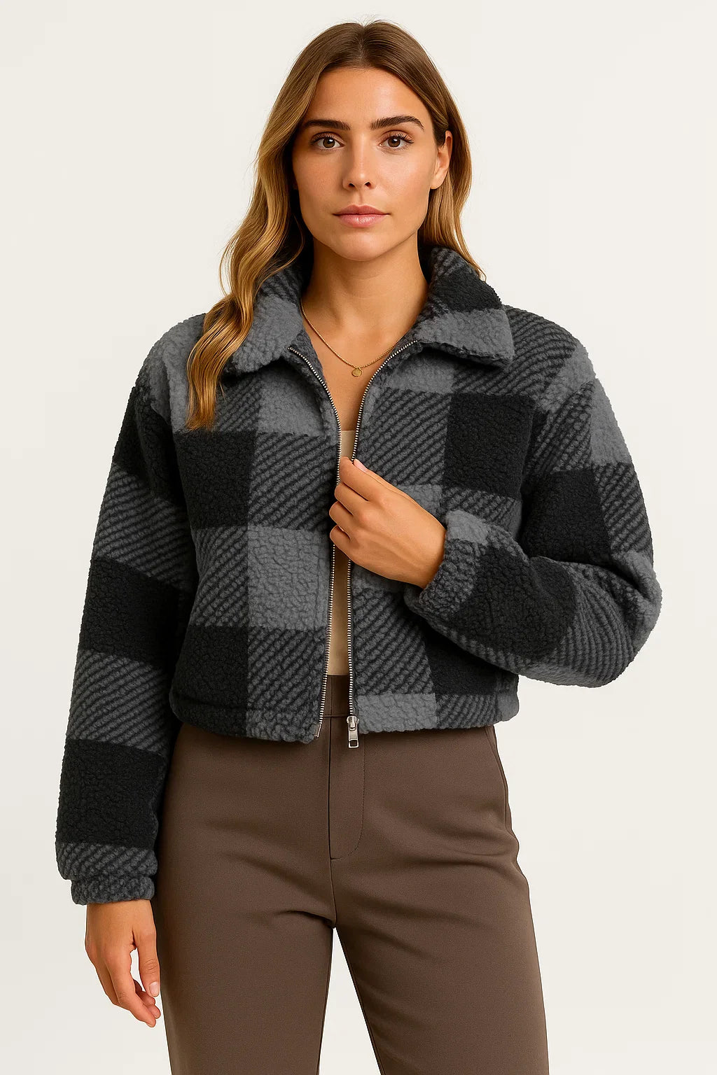 Damen Teddyjacke Karomuster Beige Weiches Material Bequem Reißverschluss Langarm Design