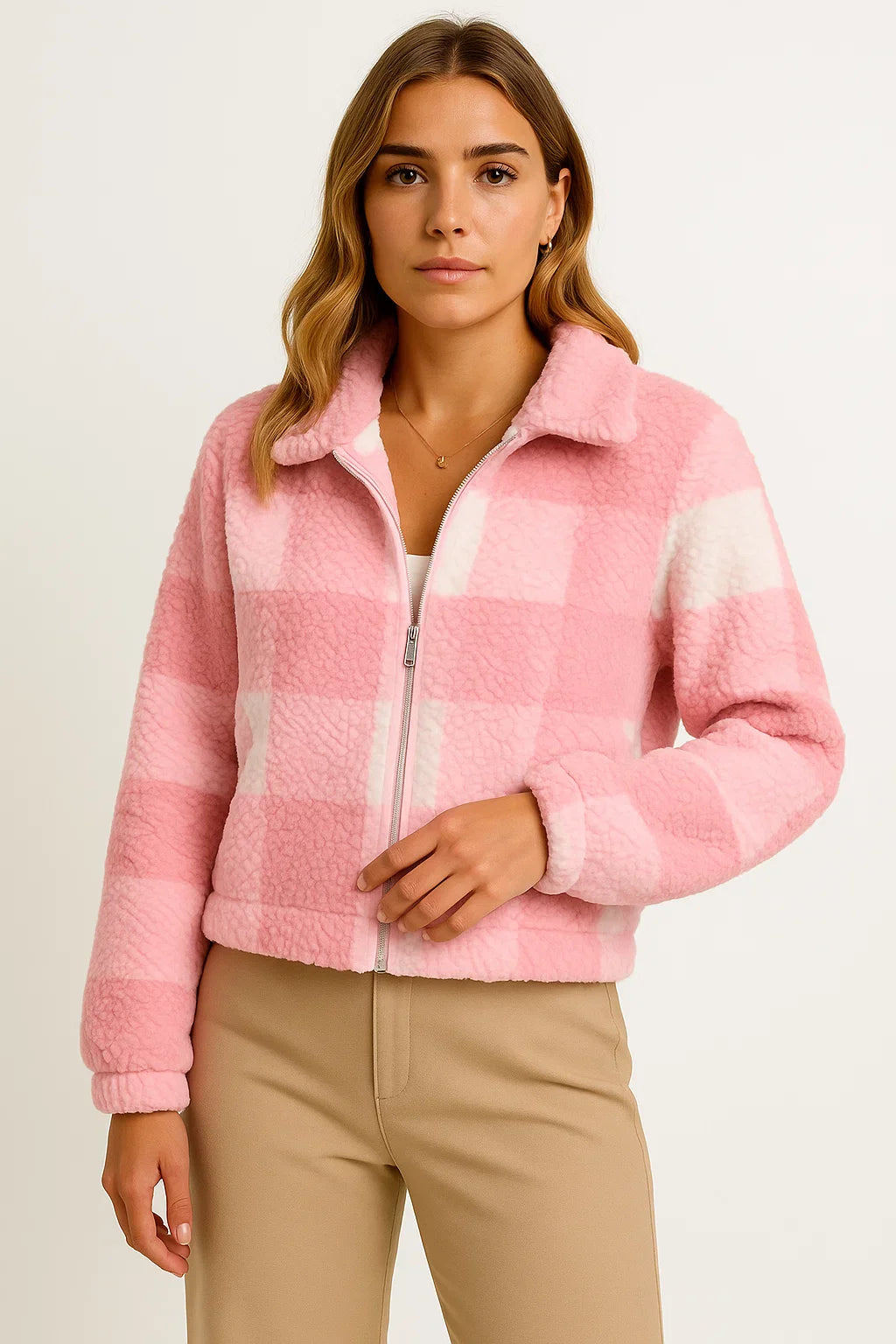 Damen Teddyjacke Karomuster Beige Weiches Material Bequem Reißverschluss Langarm Design