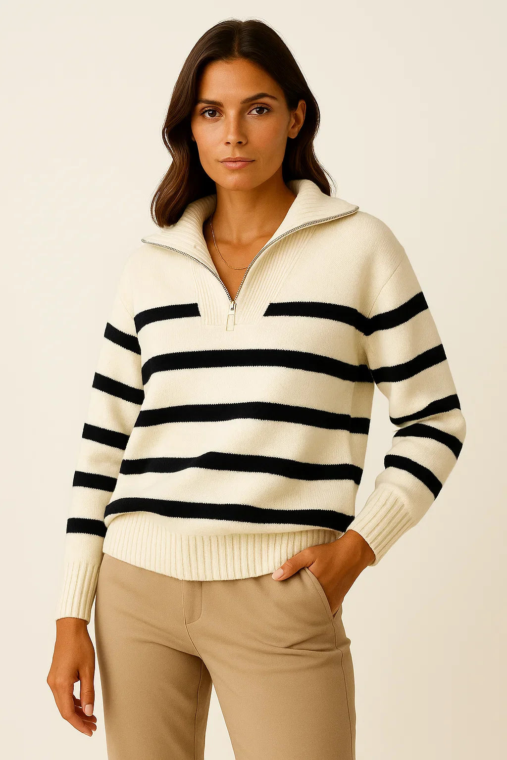 Damen Pullover Kurzstyle Gestreift Mit Reißverschluss Frühling Herbst Premium