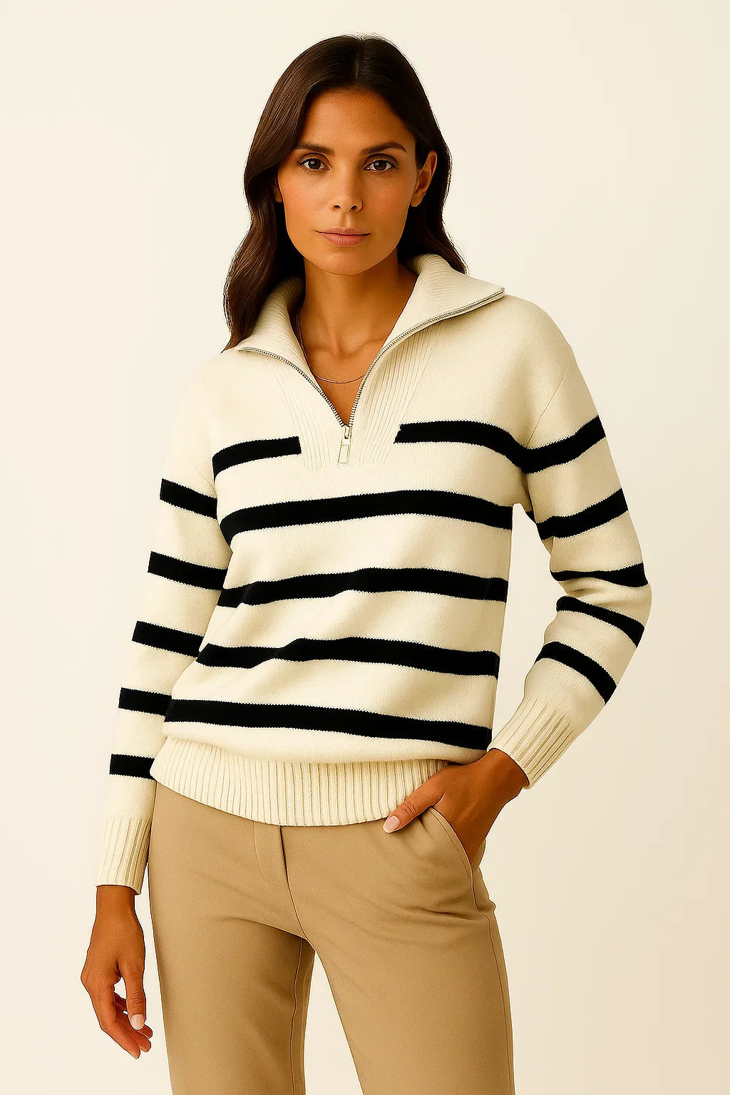 Damen Pullover Kurzstyle Gestreift Mit Reißverschluss Frühling Herbst Premium