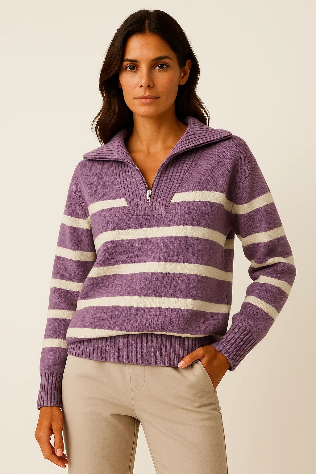 Damen Pullover Kurzstyle Gestreift Mit Reißverschluss Frühling Herbst Premium