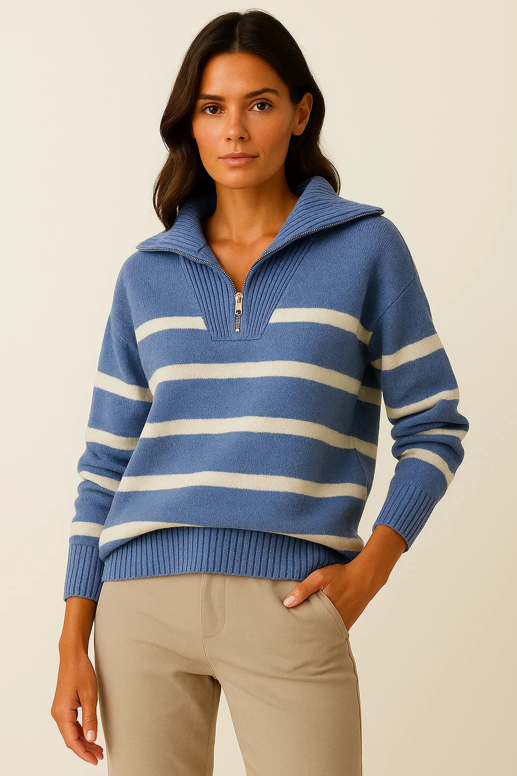 Damen Pullover Kurzstyle Gestreift Mit Reißverschluss Frühling Herbst Premium