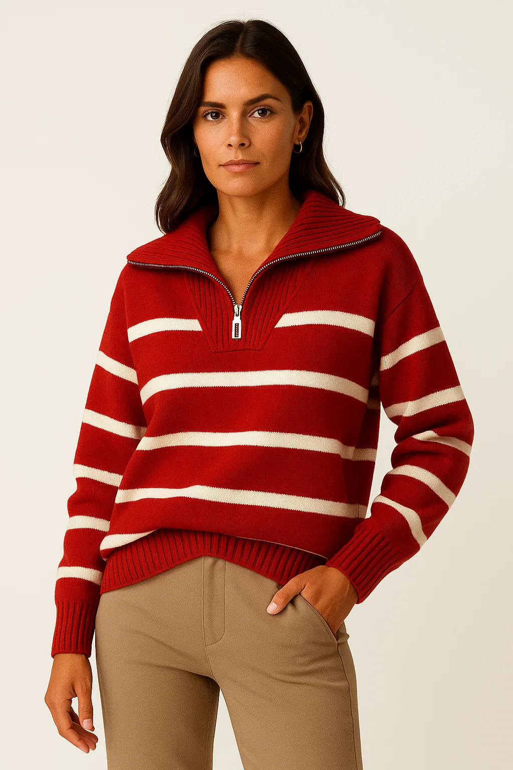 Damen Pullover Kurzstyle Gestreift Mit Reißverschluss Frühling Herbst Premium