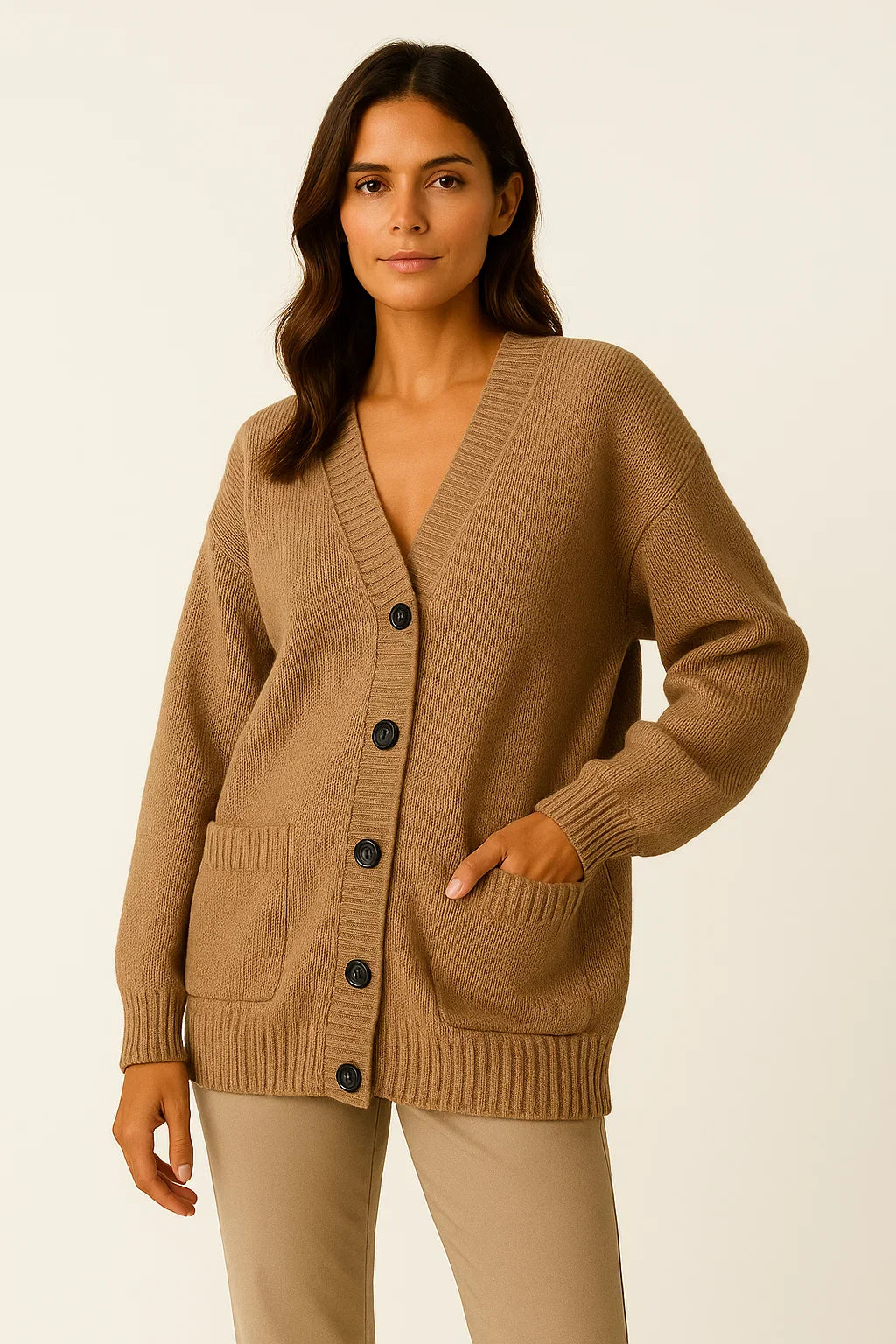 Damen Langer Cardigan Hoch Elastisches Strick V-Ausschnitt Lockere Passform Grau