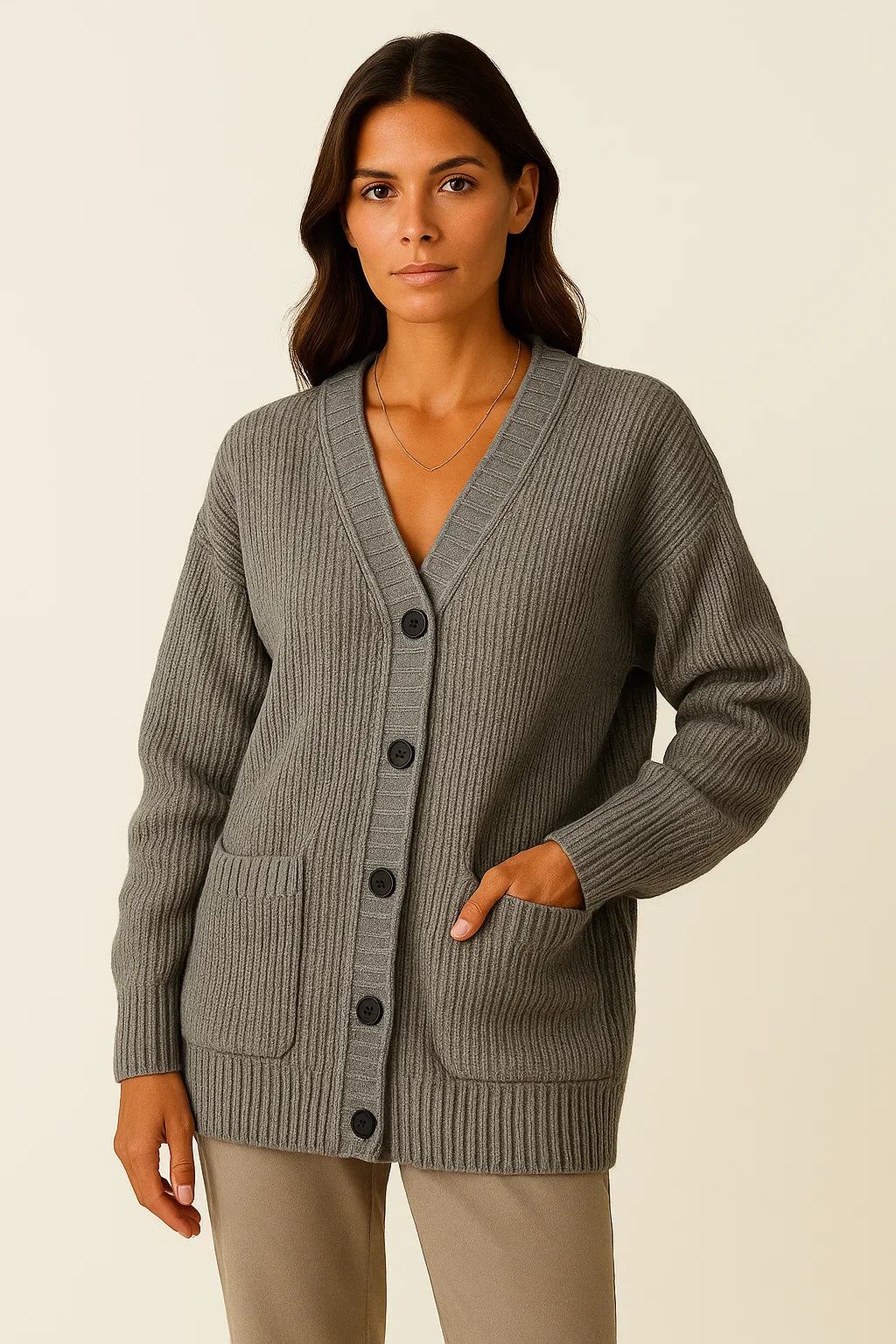 Damen Langer Cardigan Hoch Elastisches Strick V-Ausschnitt Lockere Passform Grau
