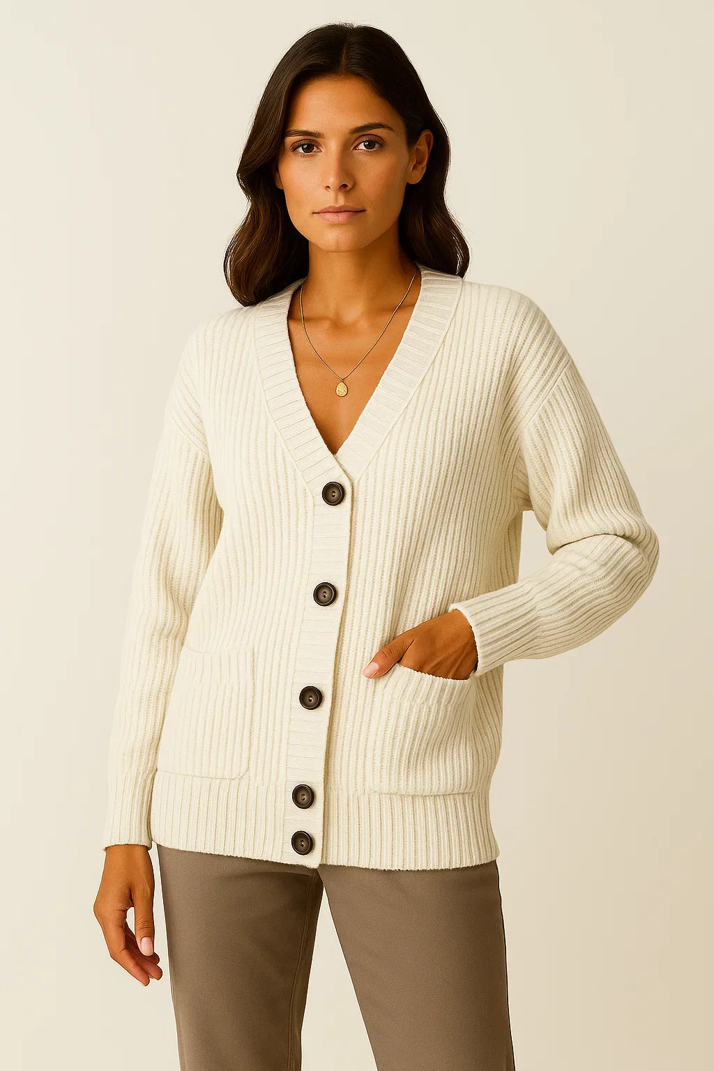 Damen Langer Cardigan Hoch Elastisches Strick V-Ausschnitt Lockere Passform Grau