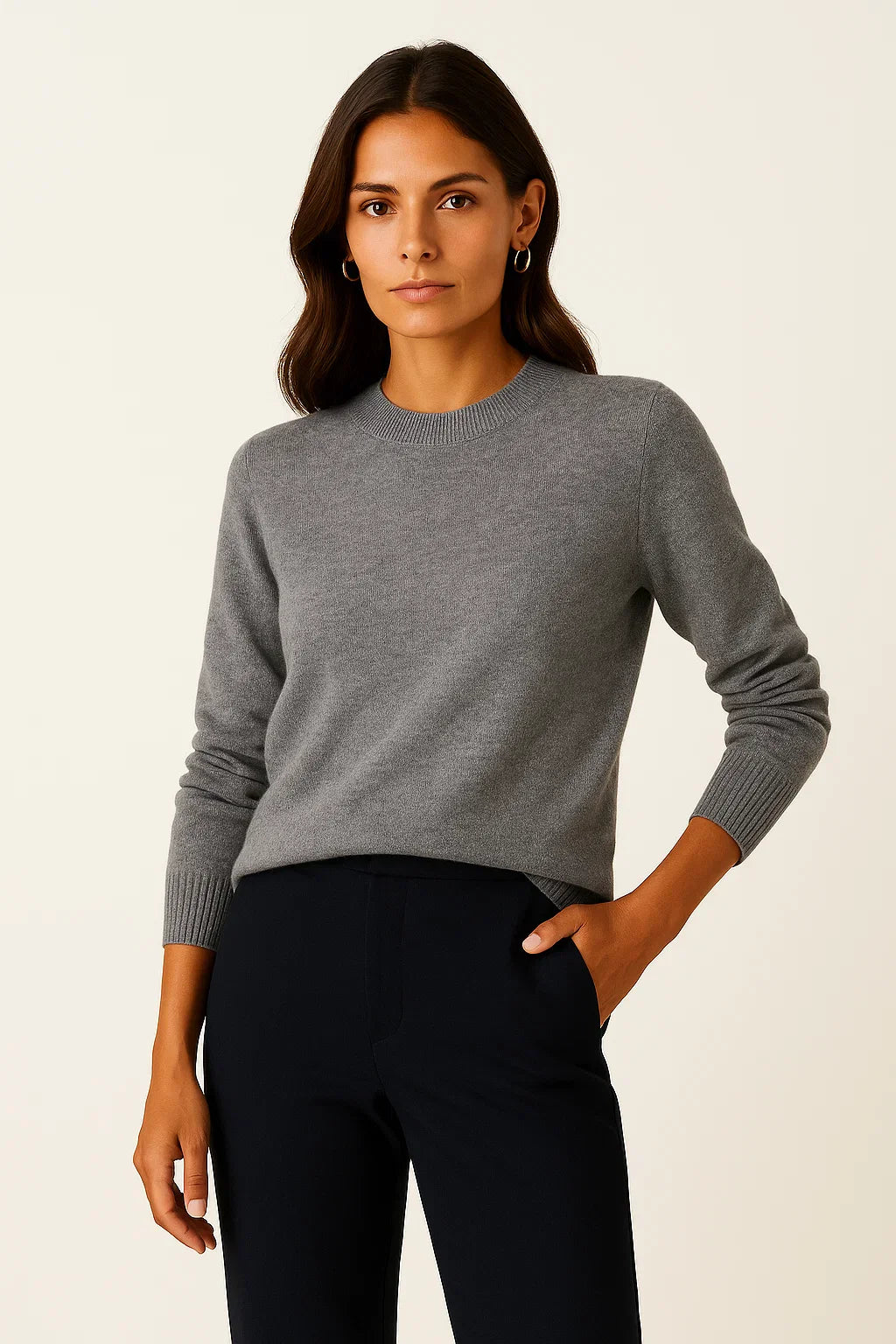 Damen Pullover Weicher Strick Mock Neck Casual Grau
