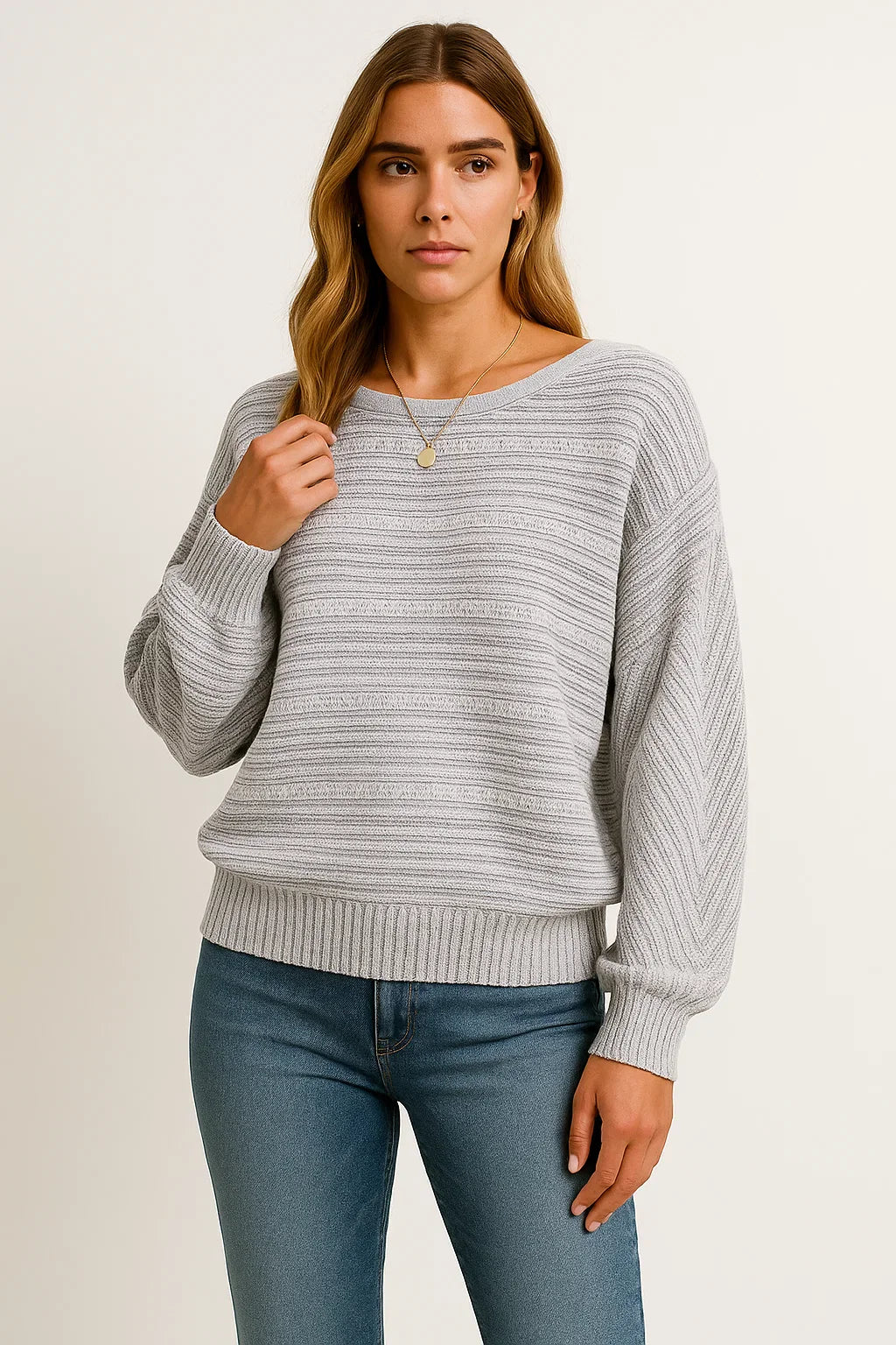 Damen Sweatshirt Graue Fledermausärmel Boot-Ausschnitt Lässiges Oberteil