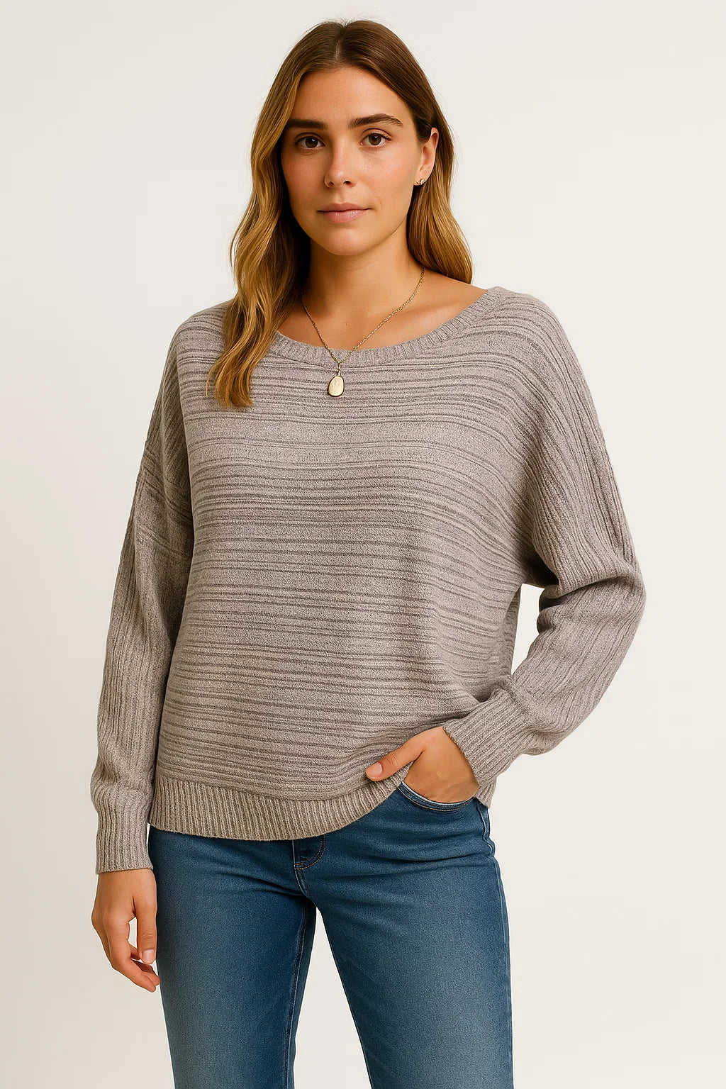 Damen Sweatshirt Graue Fledermausärmel Boot-Ausschnitt Lässiges Oberteil