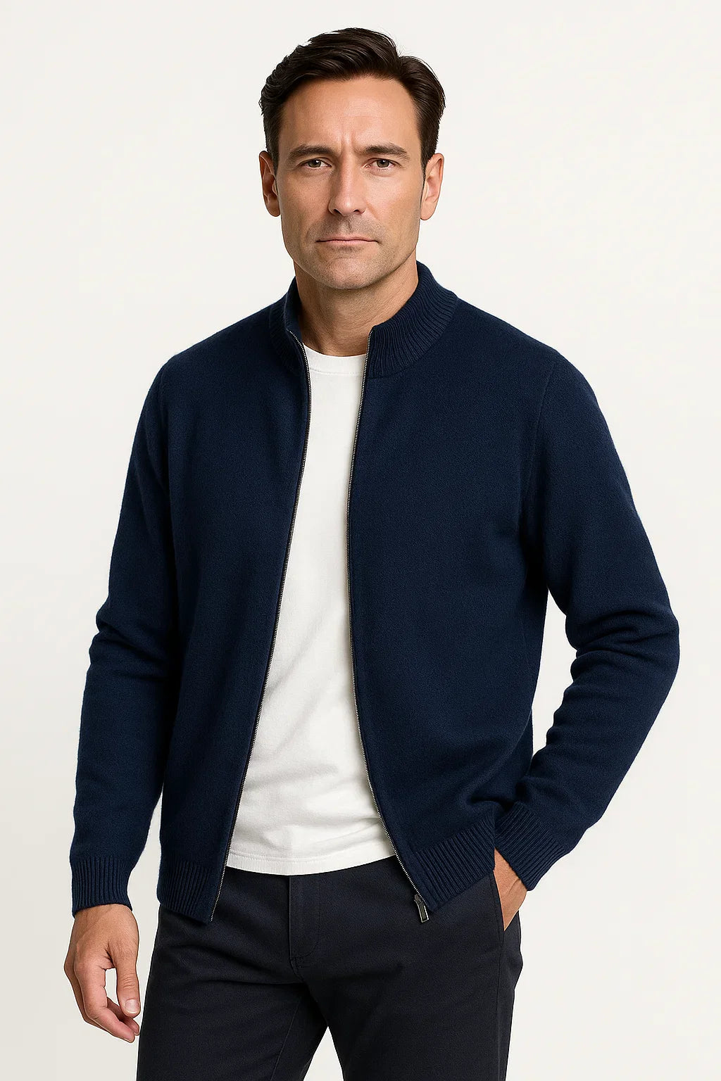 Herren Zip-Up Cardigan aus 100% Merinowolle mit Dickem Stehkragen
