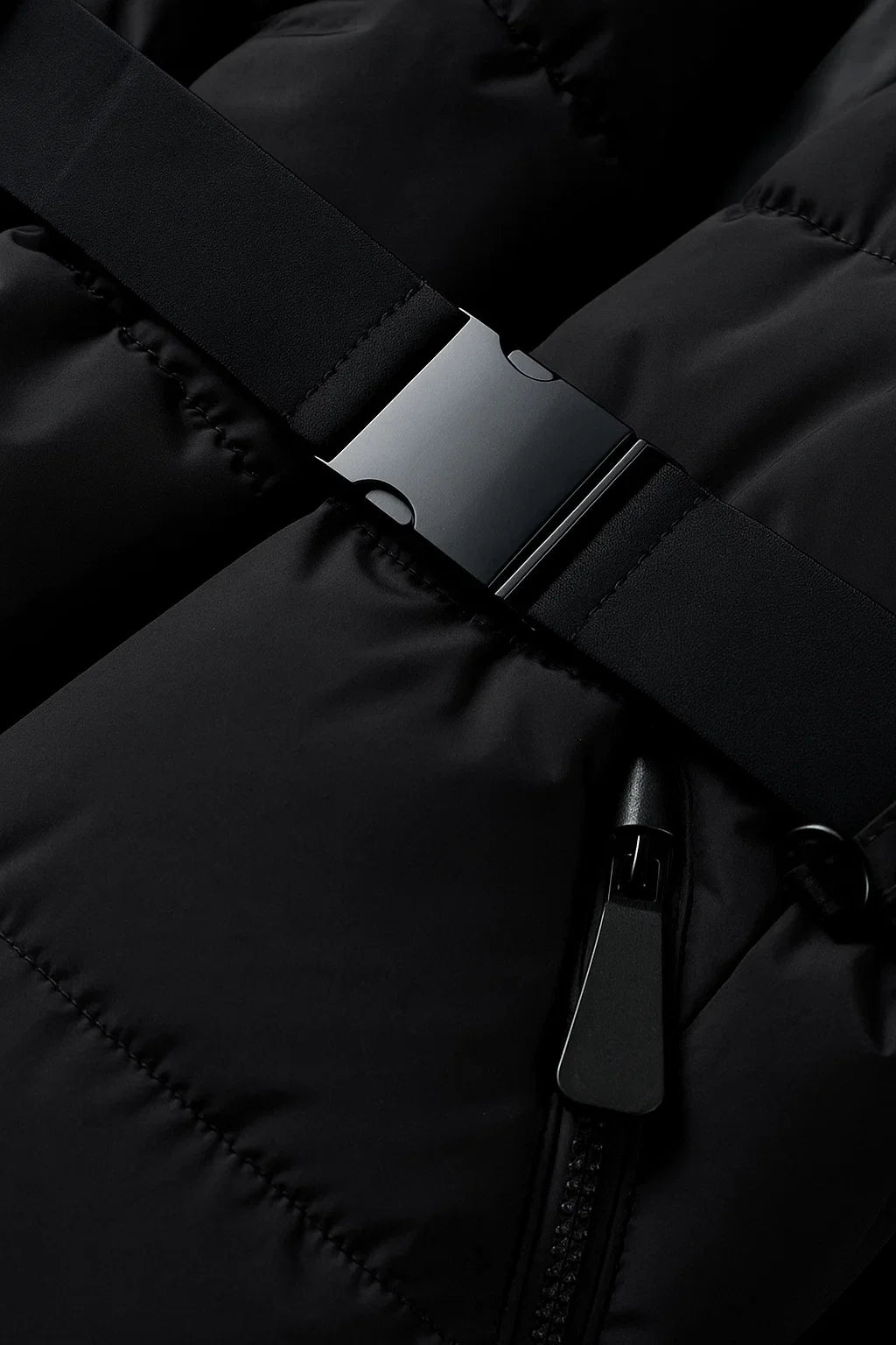 Damen Schwarze Pufferjacke Wasserabweisend Mit Gürtel Polyester