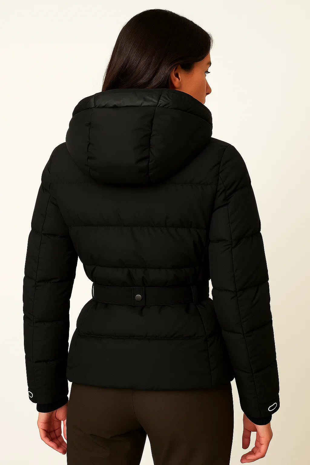 Damen Schwarze Pufferjacke Wasserabweisend Mit Gürtel Polyester