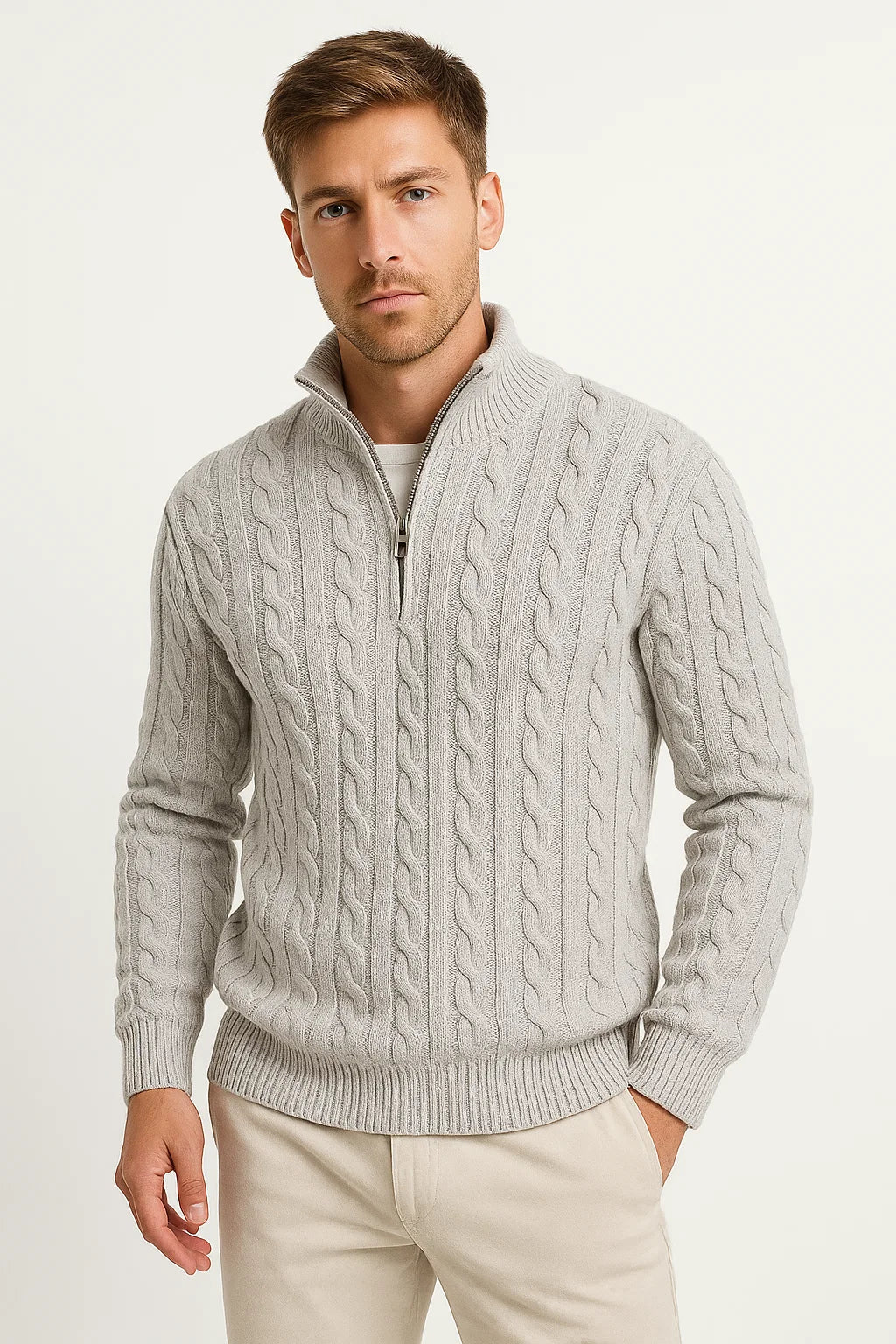 Schwergewicht Herren Quarter-Zip Pullover im Kabelstrick-Design