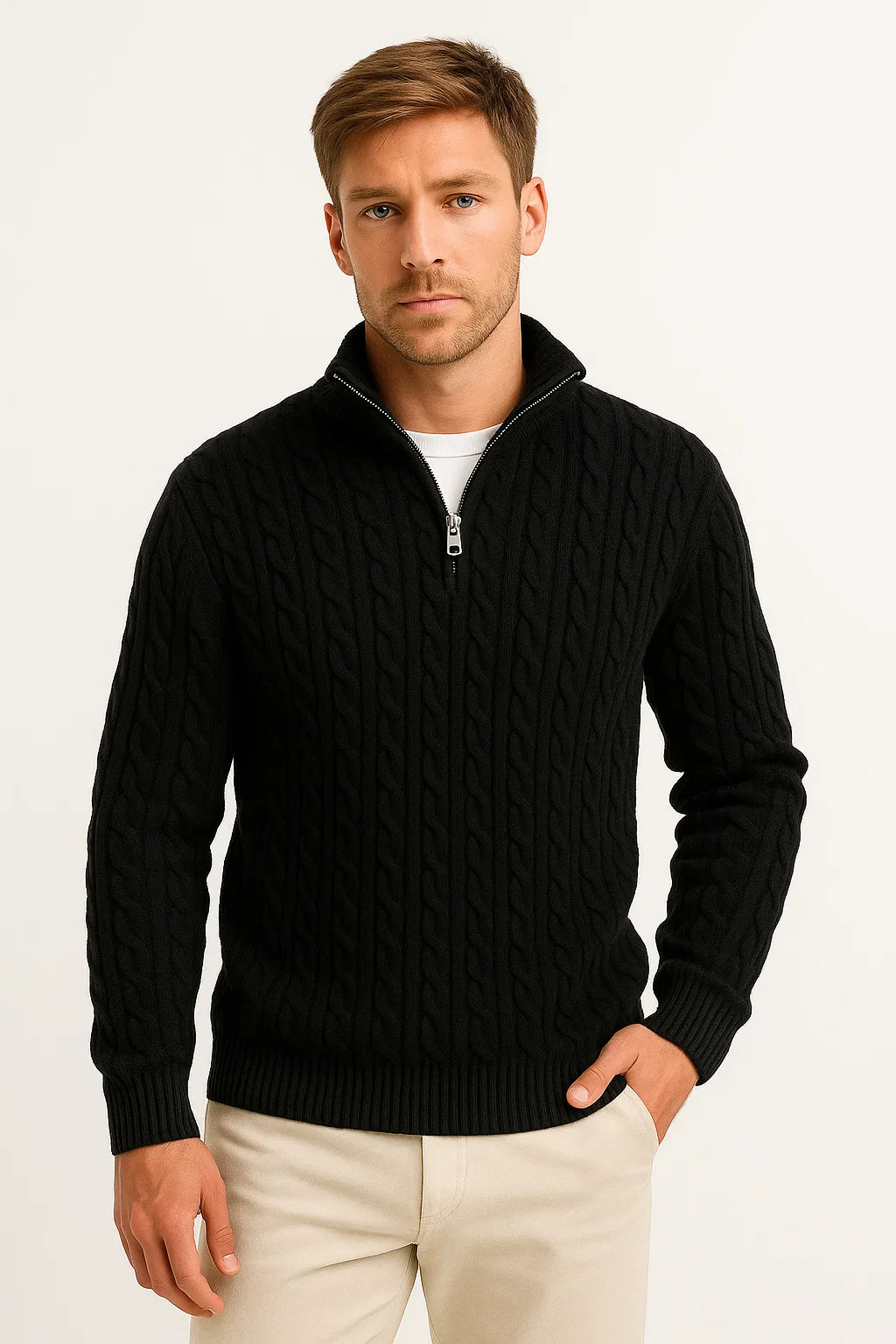 Schwergewicht Herren Quarter-Zip Pullover im Kabelstrick-Design