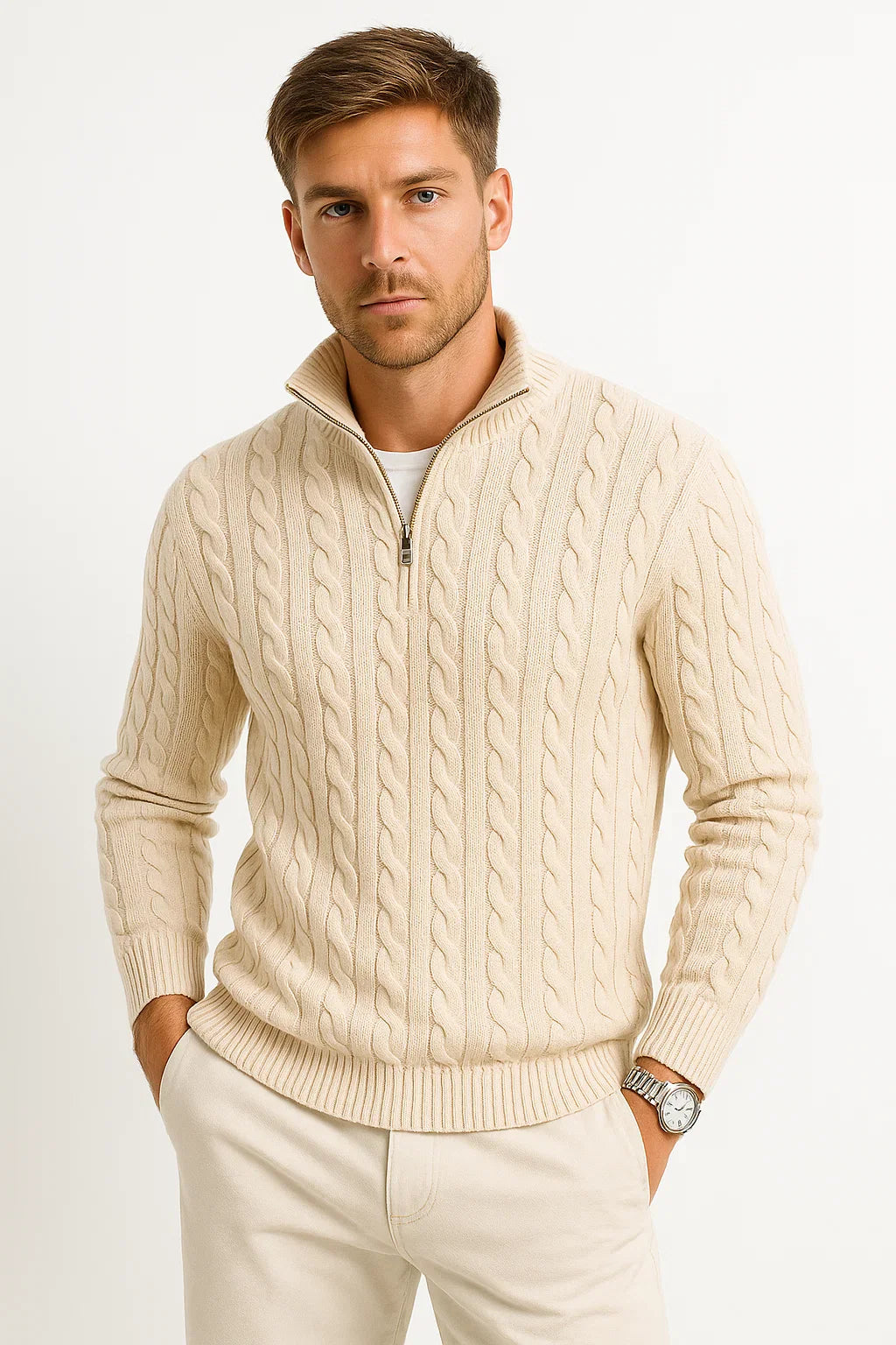 Schwergewicht Herren Quarter-Zip Pullover im Kabelstrick-Design