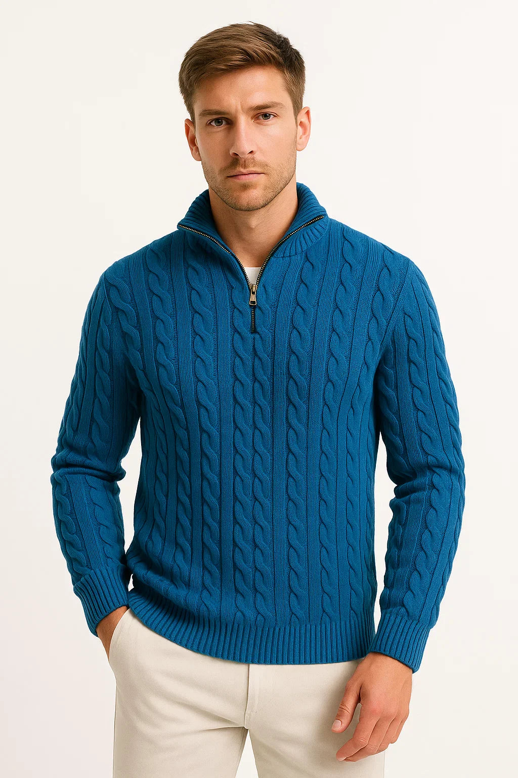 Schwergewicht Herren Quarter-Zip Pullover im Kabelstrick-Design