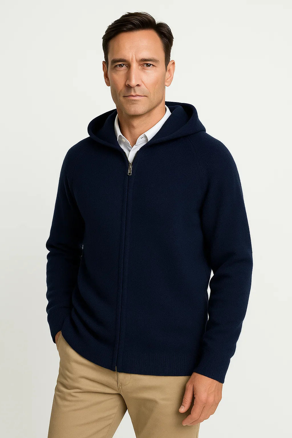 Herren Merinowolle Cardigan mit Kapuze – Dick gestrickte Jacke