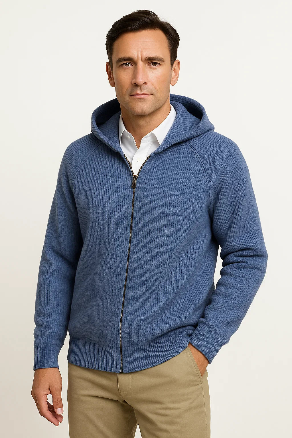 Herren Merinowolle Cardigan mit Kapuze – Dick gestrickte Jacke