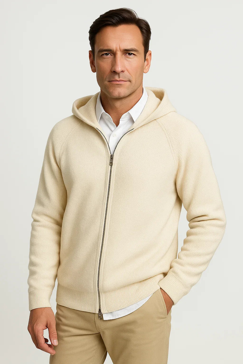 Herren Merinowolle Cardigan mit Kapuze – Dick gestrickte Jacke