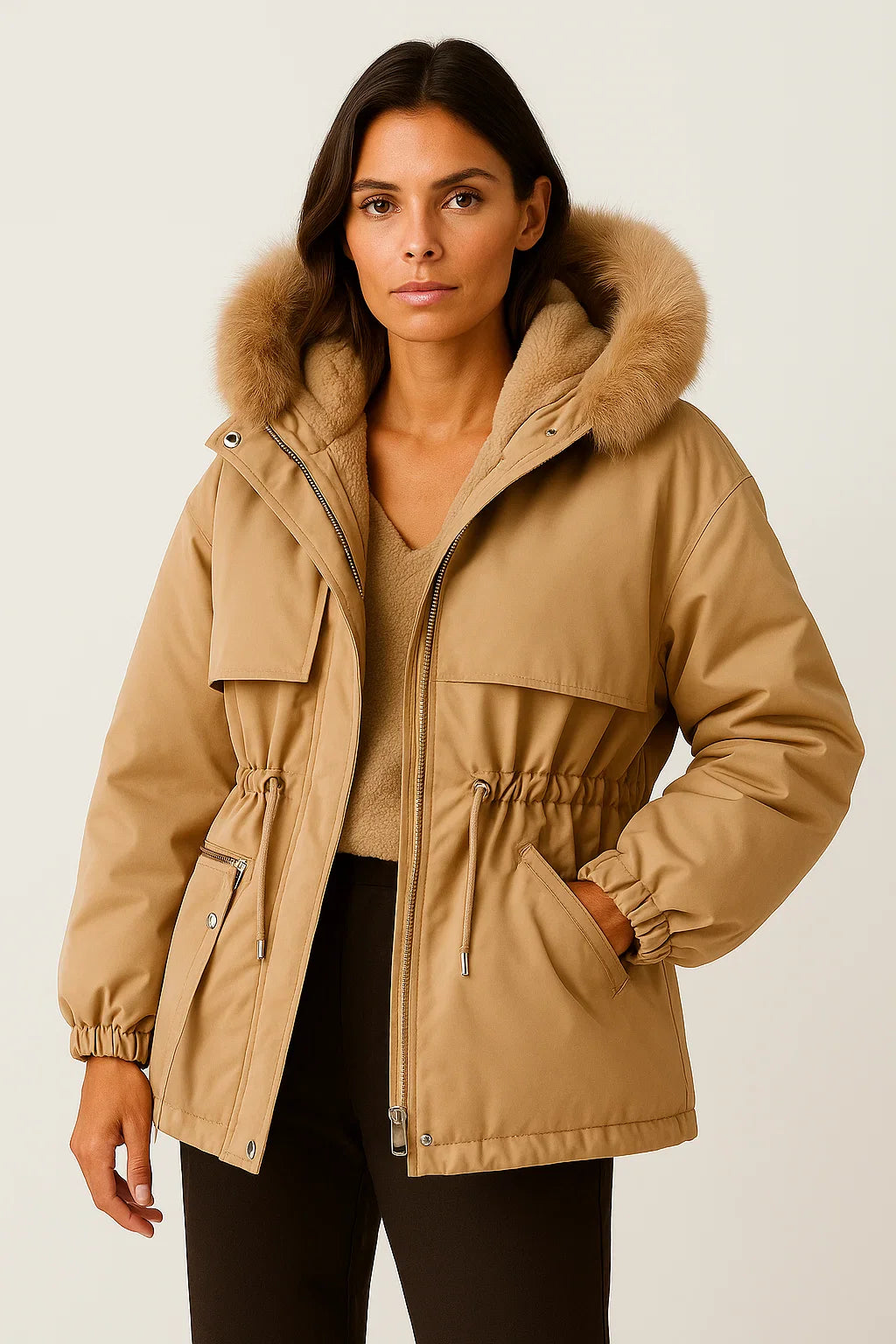 Damen Parka Jacke Wasserabweisend Mit Fauspelz-Futter Verstellbare Passform