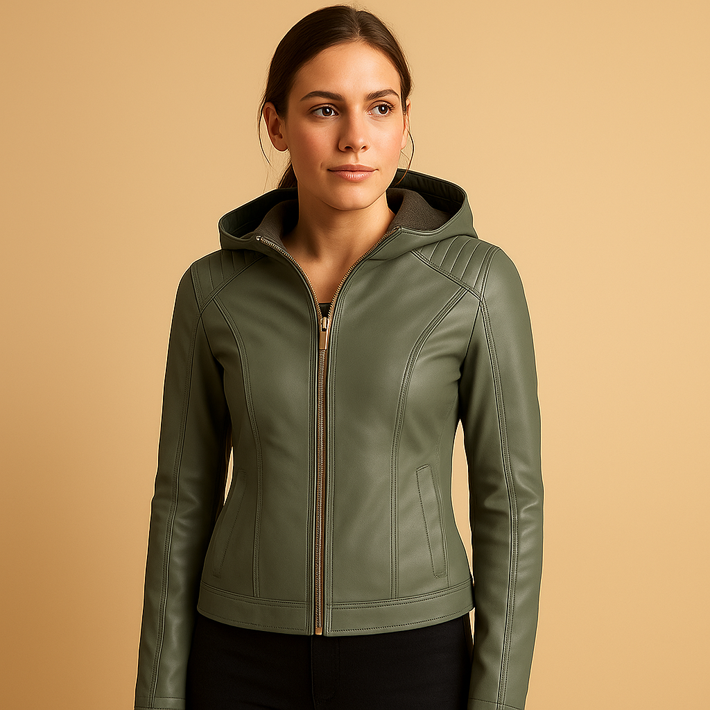 Faux-Lederjacke mit Kapuze und goldenen Reißverschlüssen für Damen | Yara