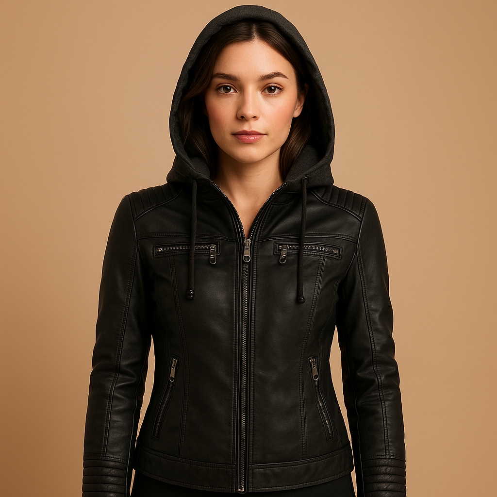 Kurze Lederjacke mit abnehmbarer Kapuze für Damen | Nadine