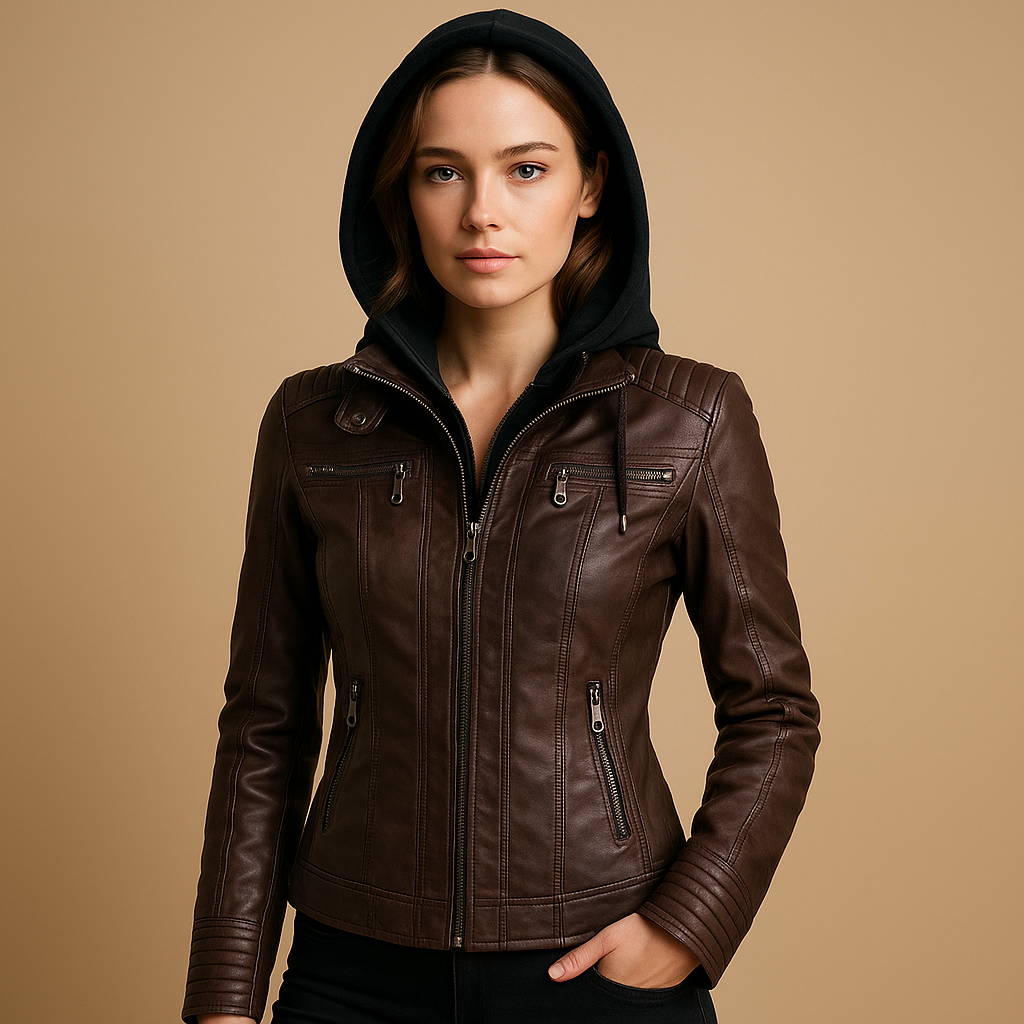 Kurze Lederjacke mit abnehmbarer Kapuze für Damen | Nadine