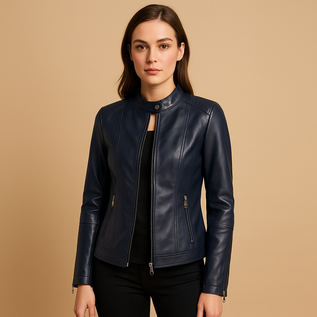 Leder-Bikerjacke mit Reißverschluss und Kragen für Damen | Sanne
