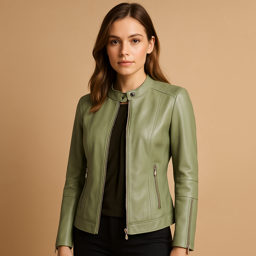 Leder-Bikerjacke mit Reißverschluss und Kragen für Damen | Sanne