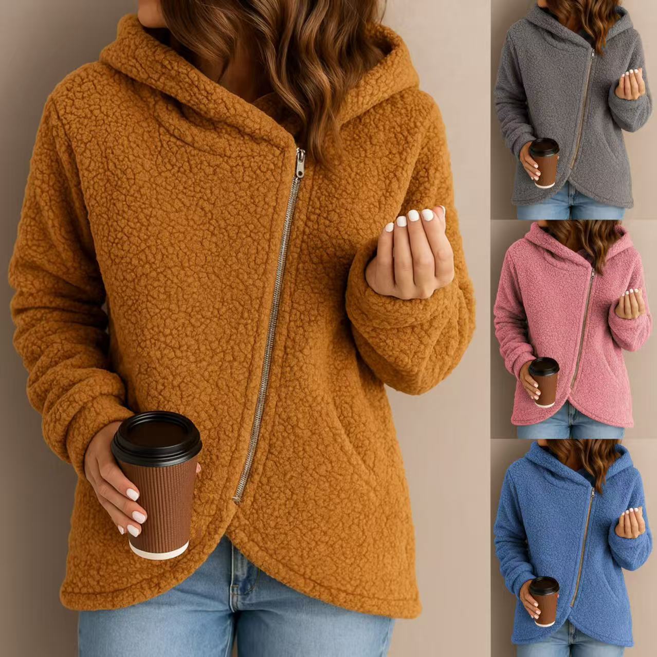 Warme Lammwoll-Kapuzenjacke für Damen – Locker & Stylisch