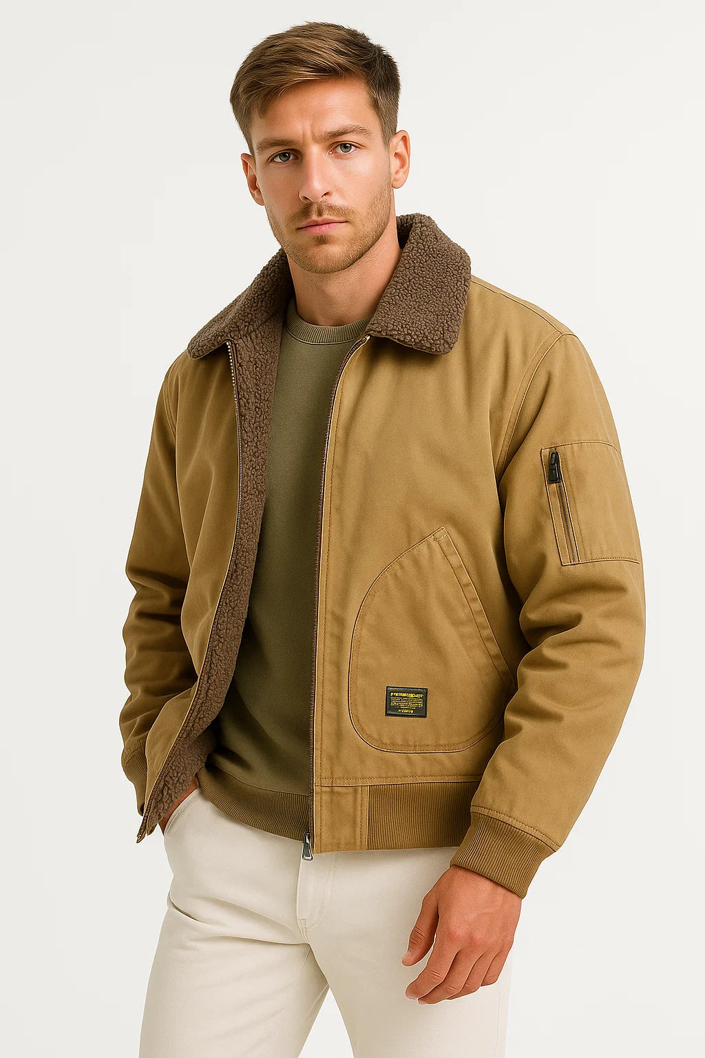 Herren Bomberjacke aus Baumwoll-Canvas mit Sherpa-Futter, windabweisend