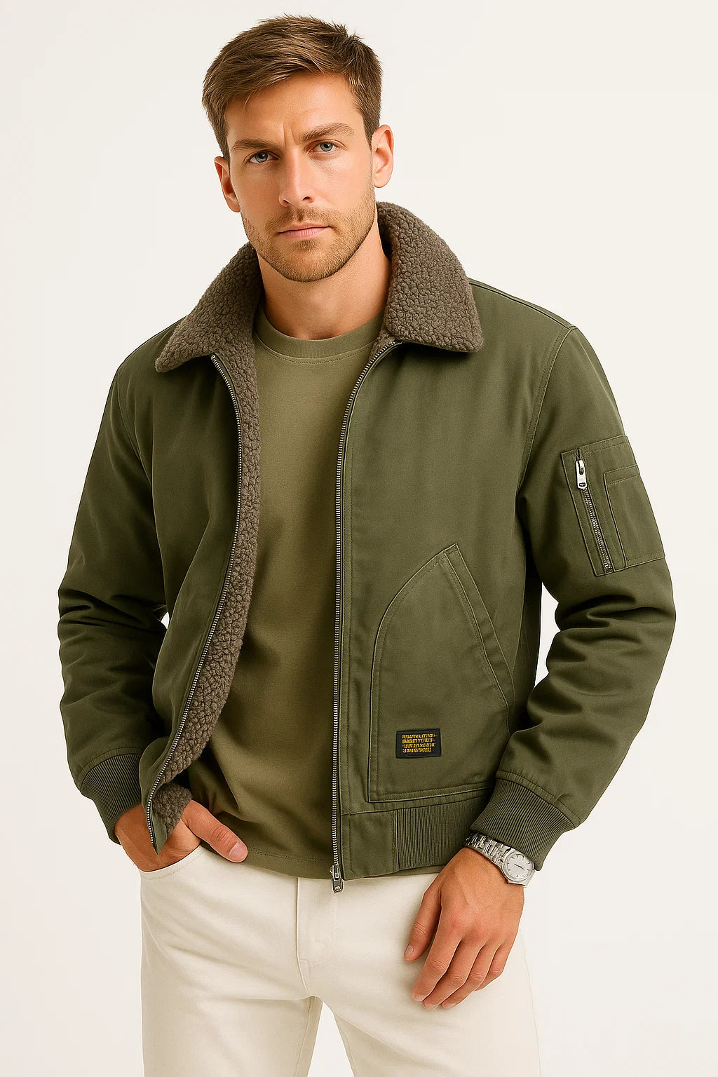 Herren Bomberjacke aus Baumwoll-Canvas mit Sherpa-Futter, windabweisend