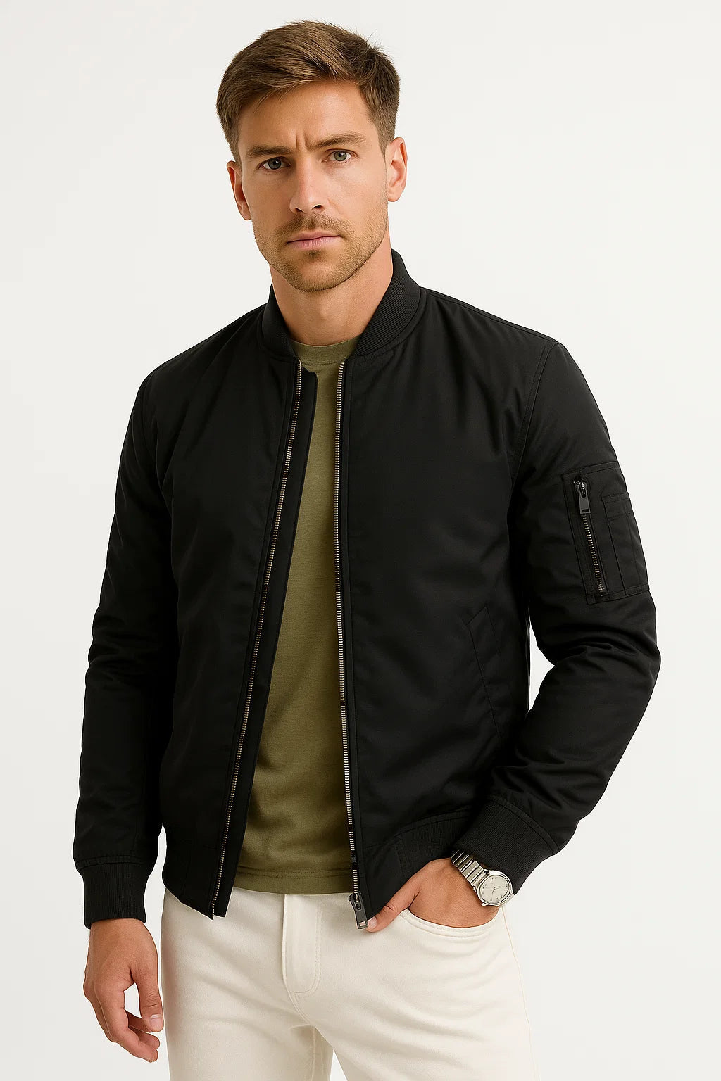 Herren Bomberjacke Polyester Schwarz Wasserabweisend Slim Fit Casual