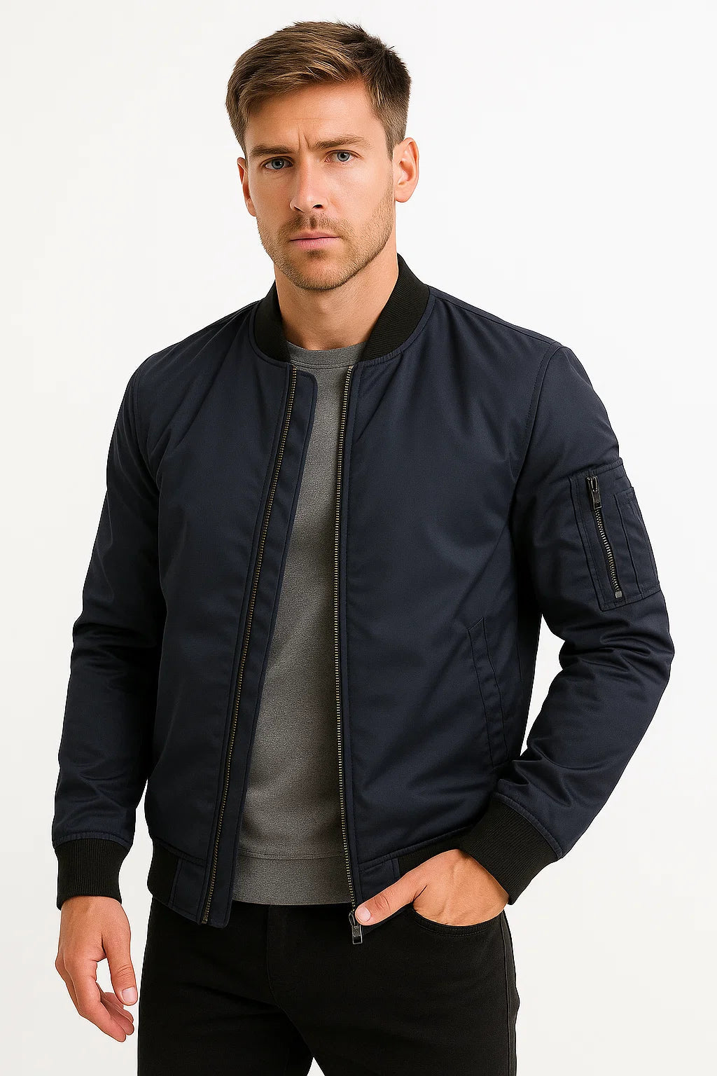 Herren Bomberjacke Polyester Schwarz Wasserabweisend Slim Fit Casual