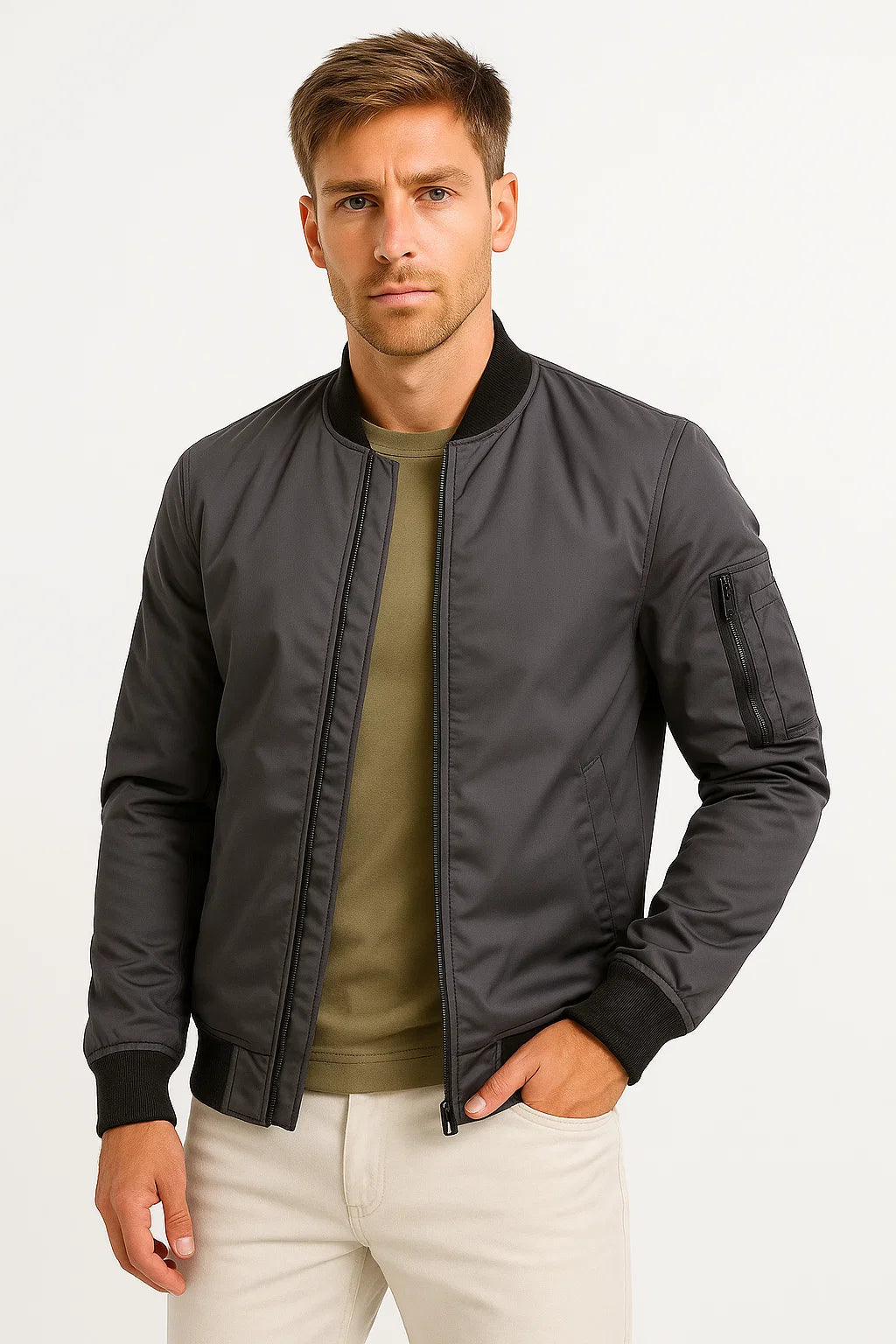 Herren Bomberjacke Polyester Schwarz Wasserabweisend Slim Fit Casual
