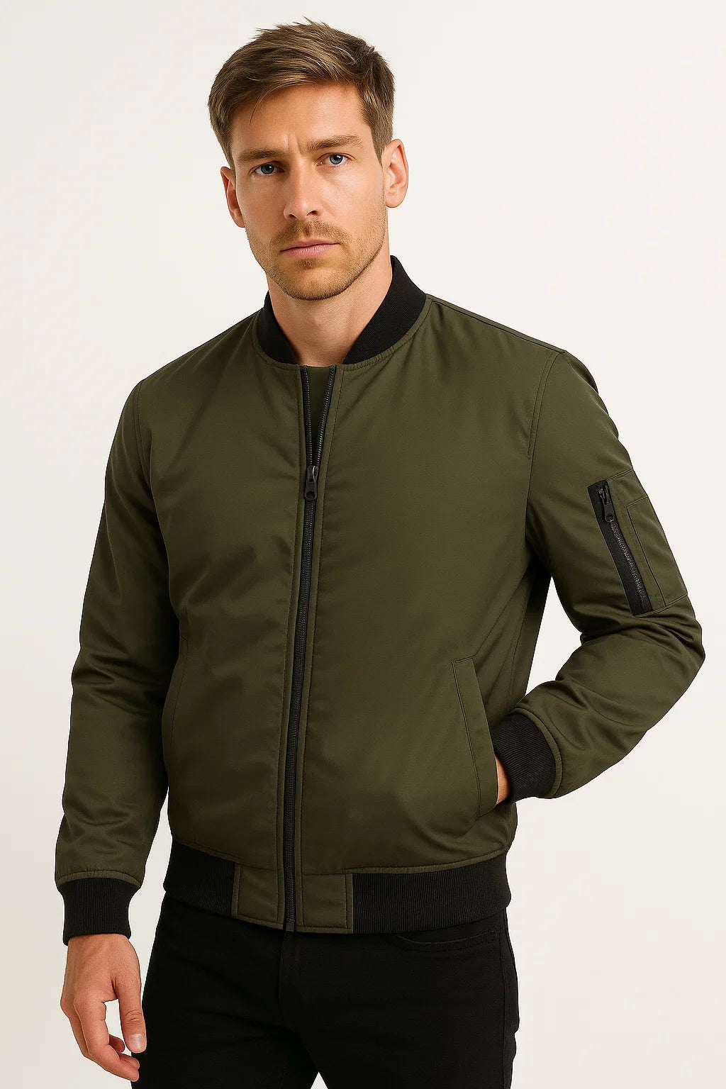 Herren Bomberjacke Polyester Schwarz Wasserabweisend Slim Fit Casual