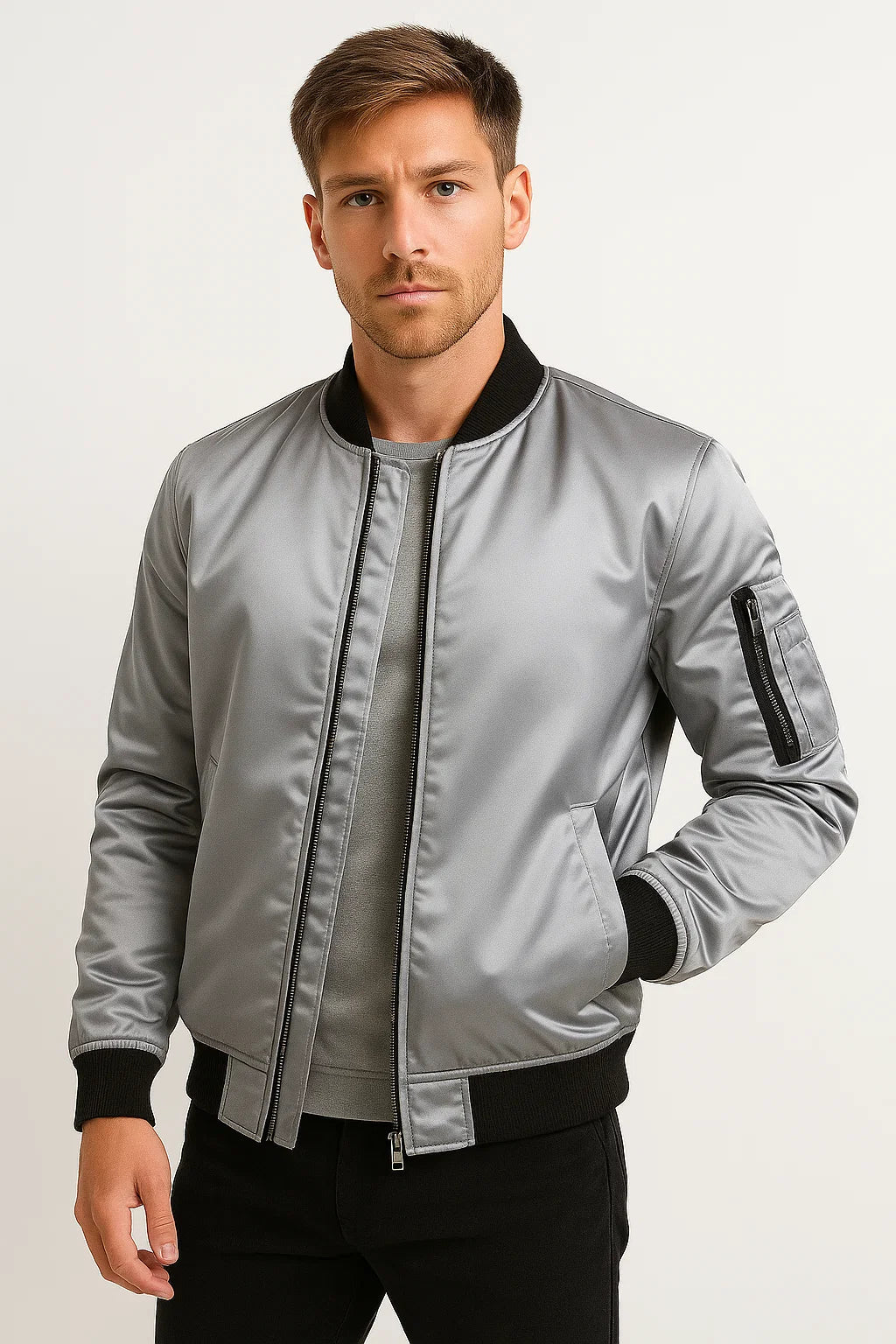 Herren Bomberjacke Polyester Schwarz Wasserabweisend Slim Fit Casual
