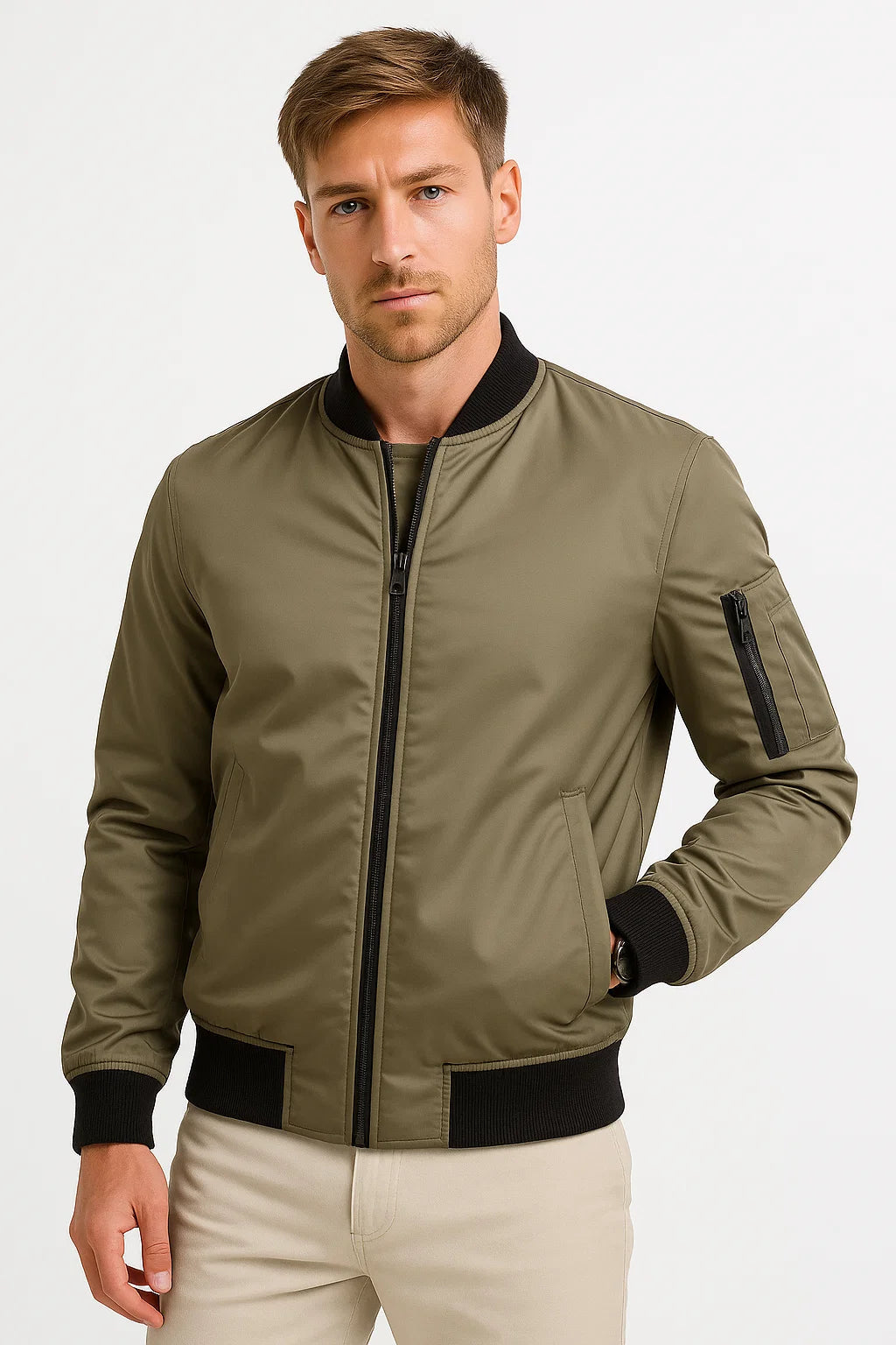 Herren Bomberjacke Polyester Schwarz Wasserabweisend Slim Fit Casual