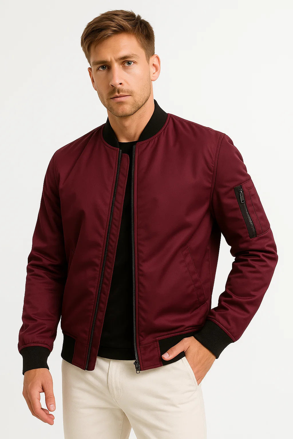 Herren Bomberjacke Polyester Schwarz Wasserabweisend Slim Fit Casual