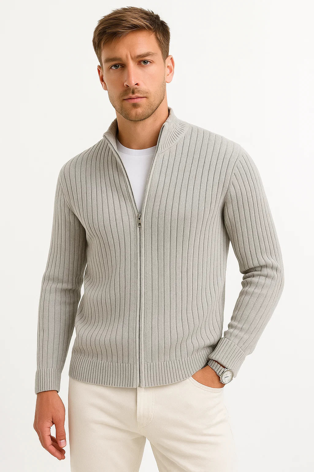 Herren Cardigan aus grauem Rippstrick – Leichtgewicht mit lässigem und formellem Design