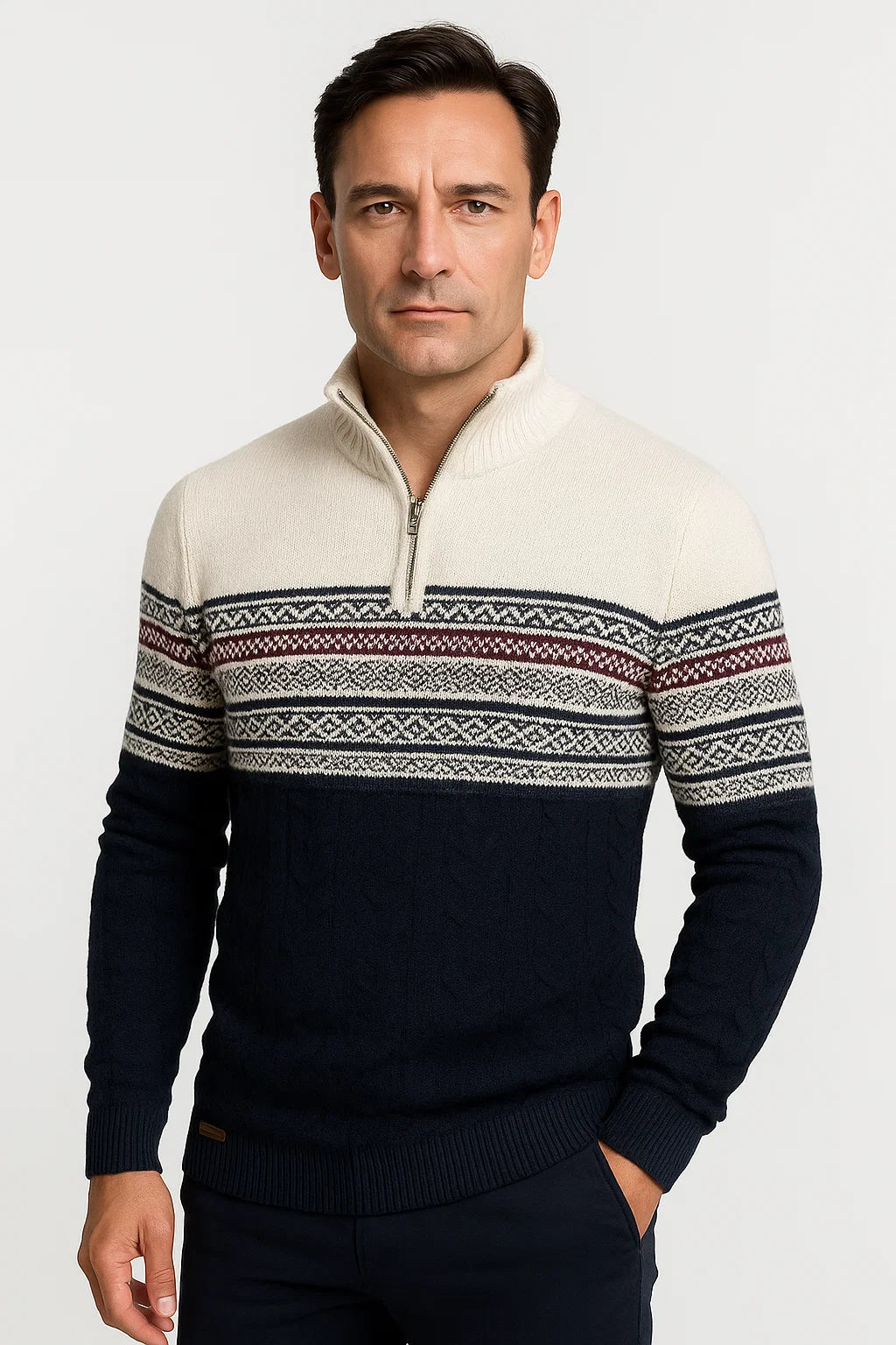 Herren Pullover mit Viertelreißverschluss aus Baumwollmischung im Fair Isle Muster – Sportliche Passform