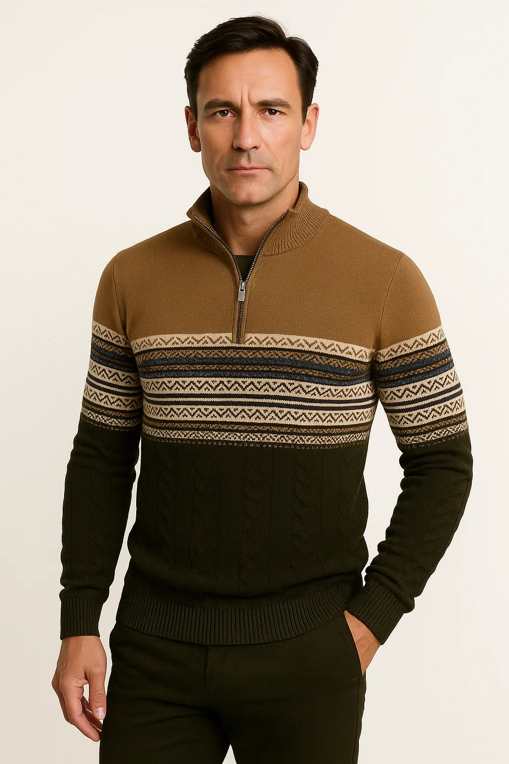 Herren Pullover mit Viertelreißverschluss aus Baumwollmischung im Fair Isle Muster – Sportliche Passform