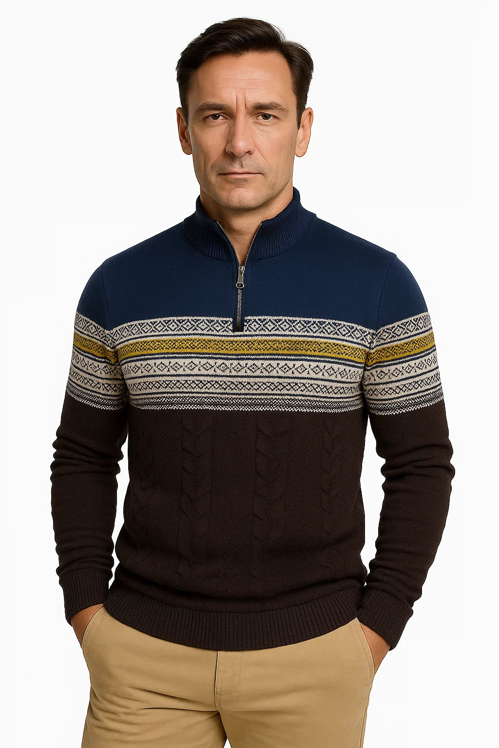 Herren Pullover mit Viertelreißverschluss aus Baumwollmischung im Fair Isle Muster – Sportliche Passform