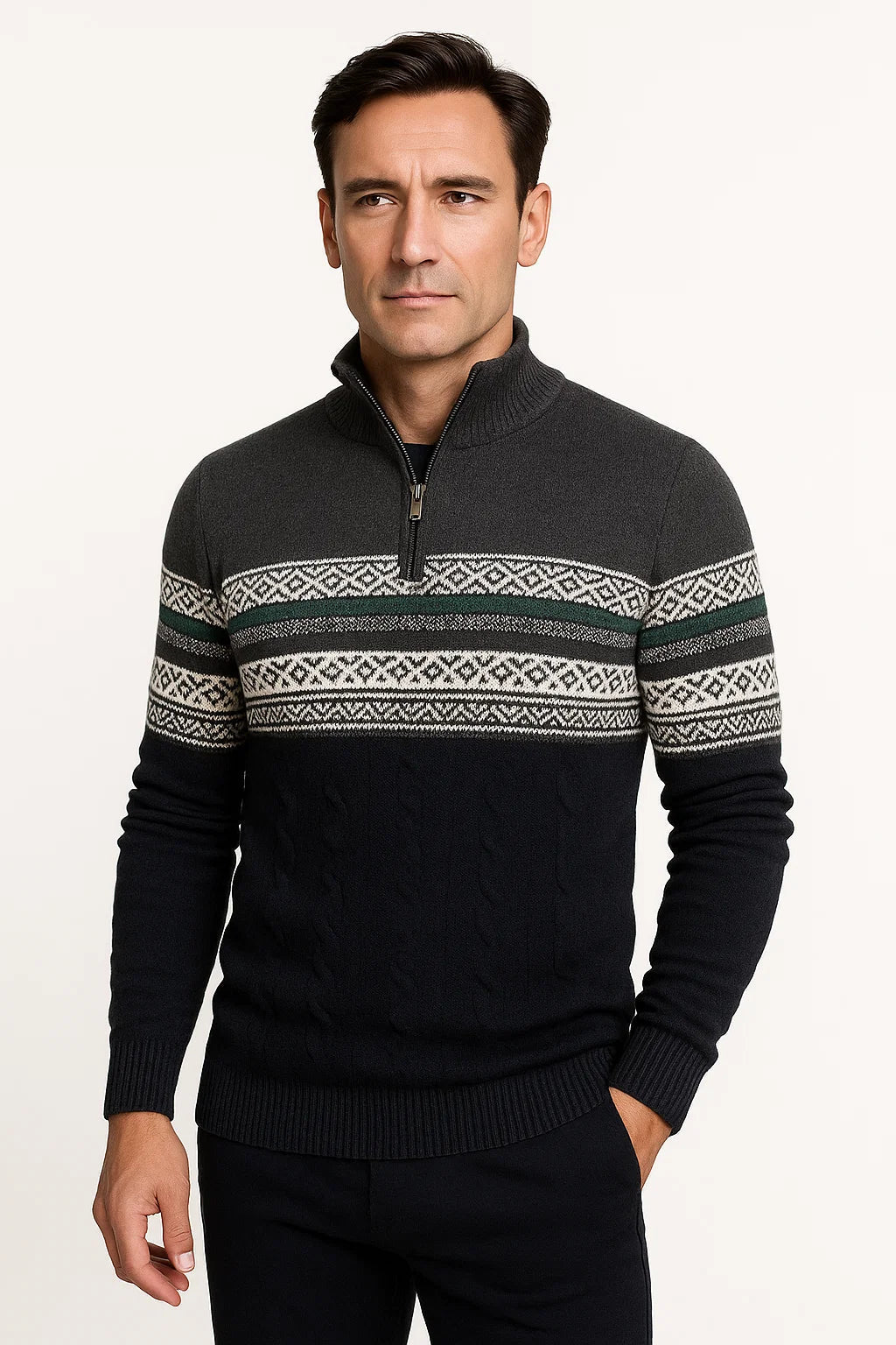 Herren Pullover mit Viertelreißverschluss aus Baumwollmischung im Fair Isle Muster – Sportliche Passform